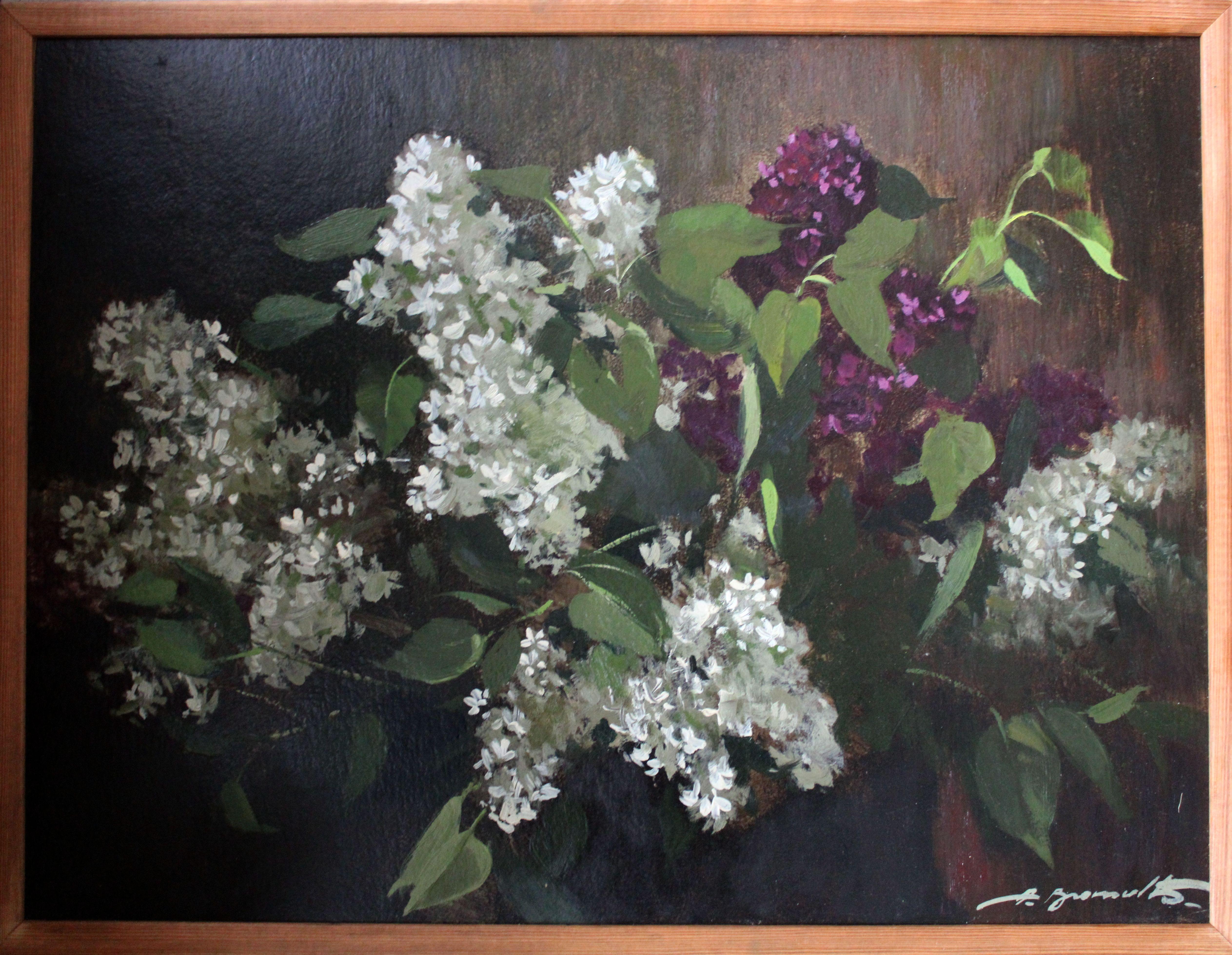Lilacs. 1982. Oil on cardboard. 49, 5x66 cm - Painting by Alfejs Bromults