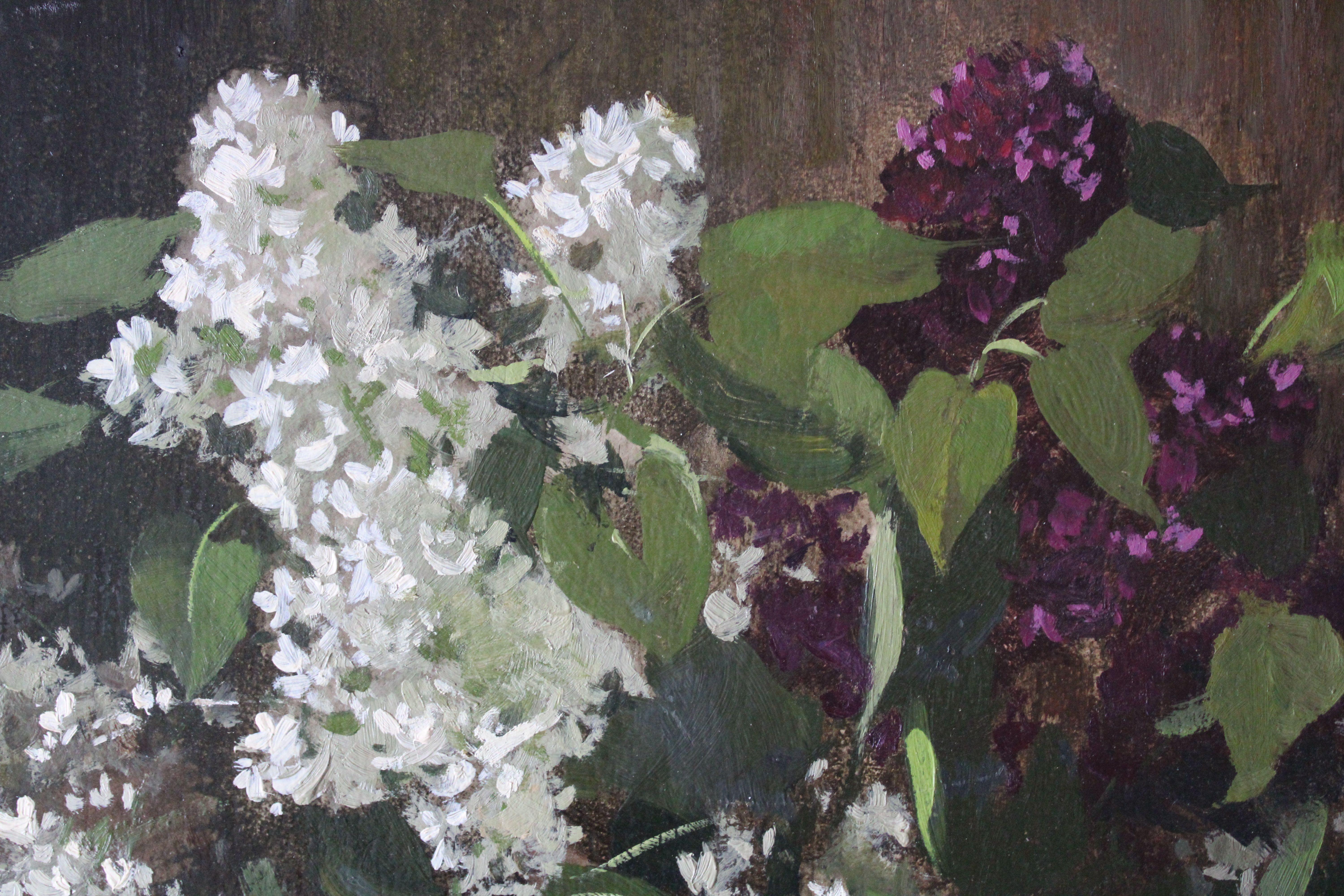 Lilacs. 1982. Oil on cardboard. 49, 5x66 cm - Black Interior Painting by Alfejs Bromults