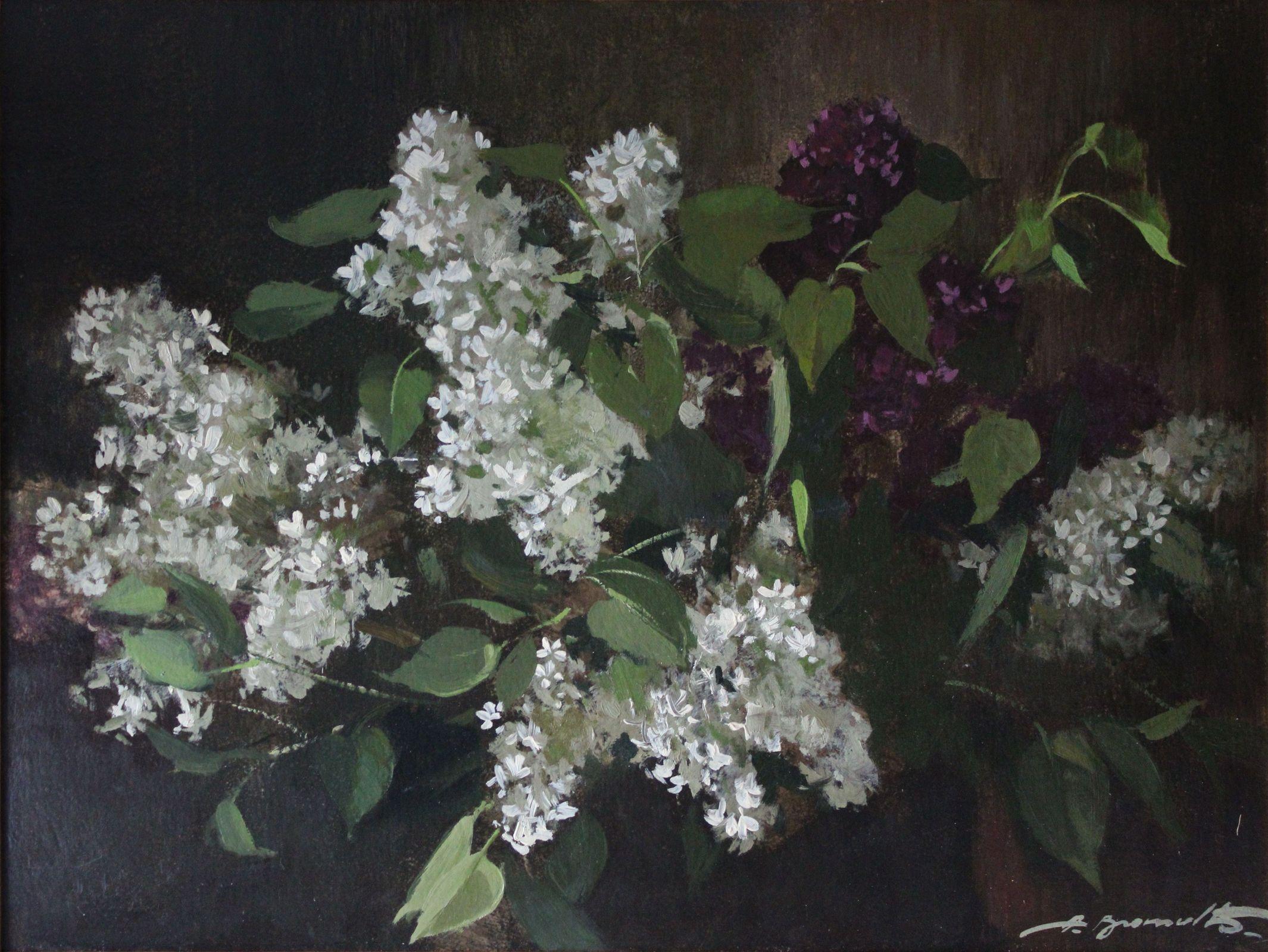 Alfejs Bromults Interior Painting - Lilacs. 1982. Oil on cardboard. 49, 5x66 cm