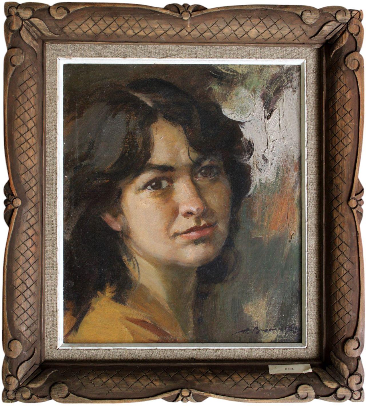 Ritratto di Mara. 1986, olio su cartone, 35x30 cm - Painting di Alfejs Bromults