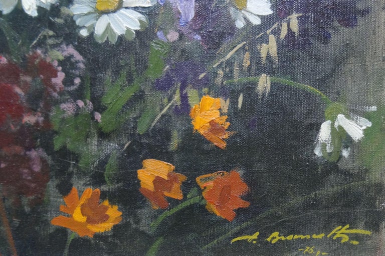 Meadow Flowers. 1976, oil on canvas, 60x70 cm - Painting by Alfejs Bromults