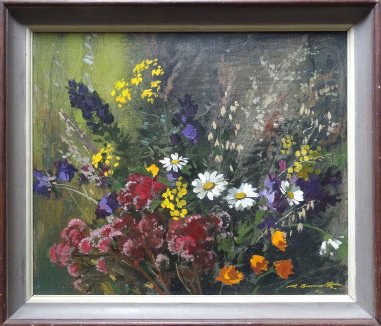 Meadow Flowers. 1976, oil on canvas, 60x70 cm - Gray Still-Life Painting by Alfejs Bromults