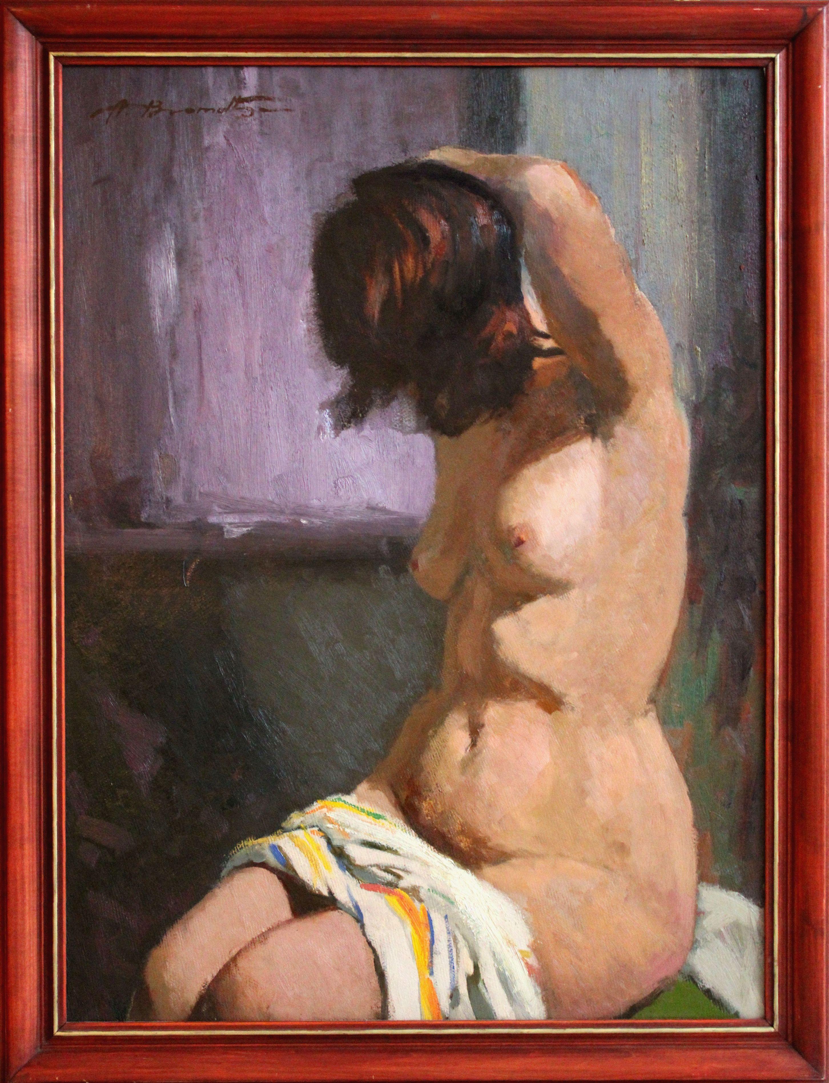 Morgen. Frauen act. 1959. Öl auf Karton, 95x71 cm, Öl – Painting von Alfejs Bromults