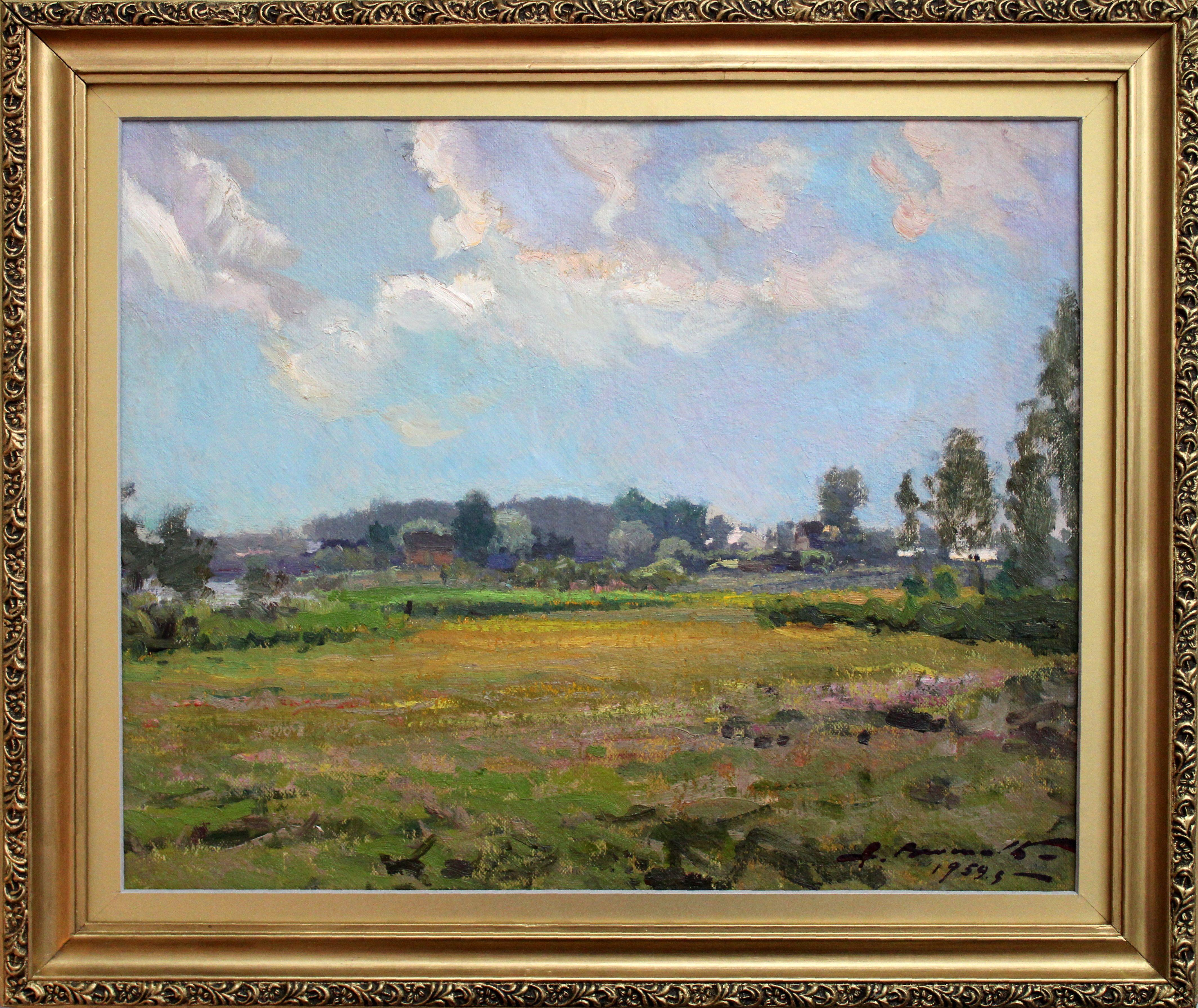 Outskirts of town. 1959, oil on cardboard, 44x54 cm - Painting by Alfejs Bromults