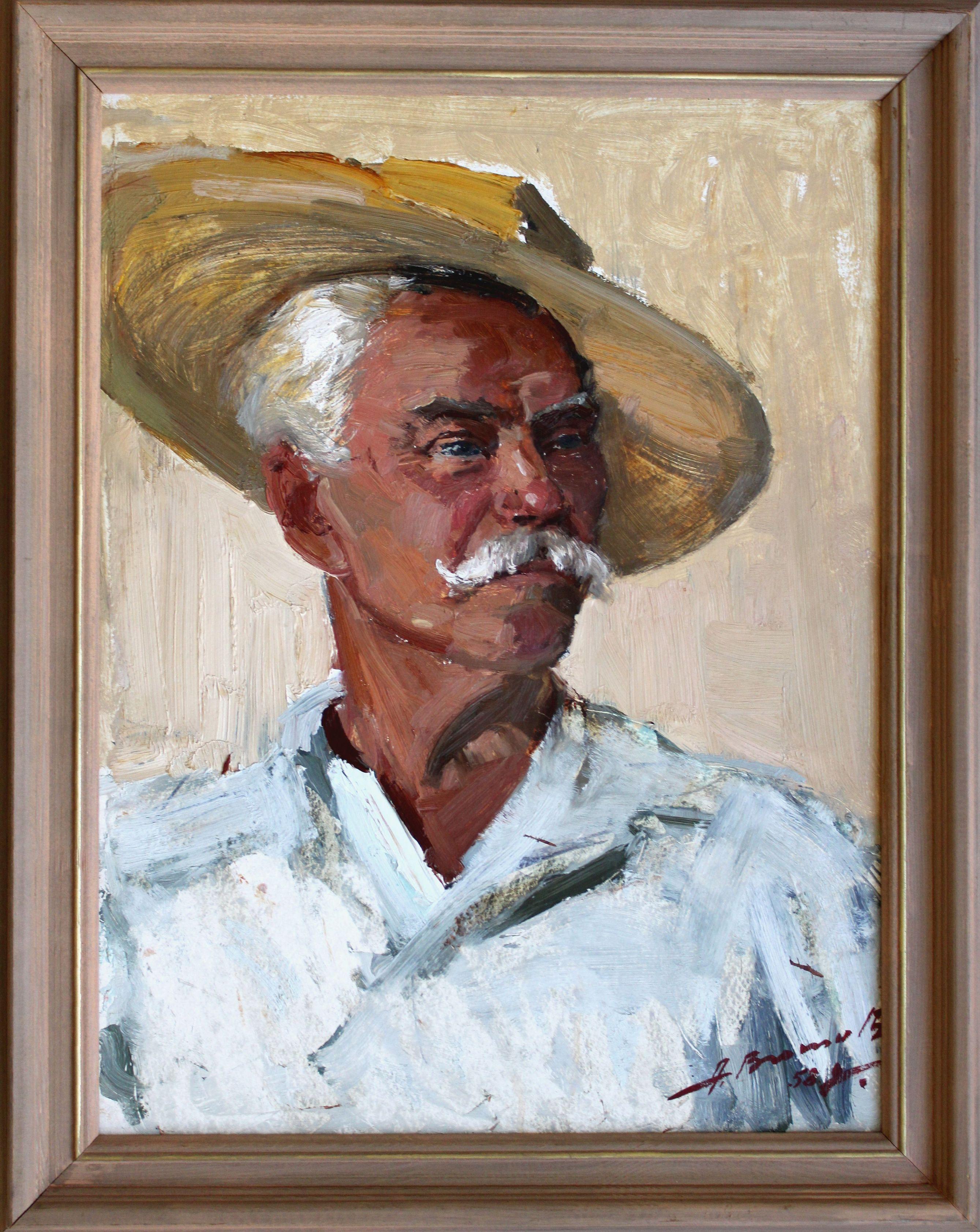 Ritratto di pittore. 1958, cartone, olio, 55x43 cm - Painting di Alfejs Bromults