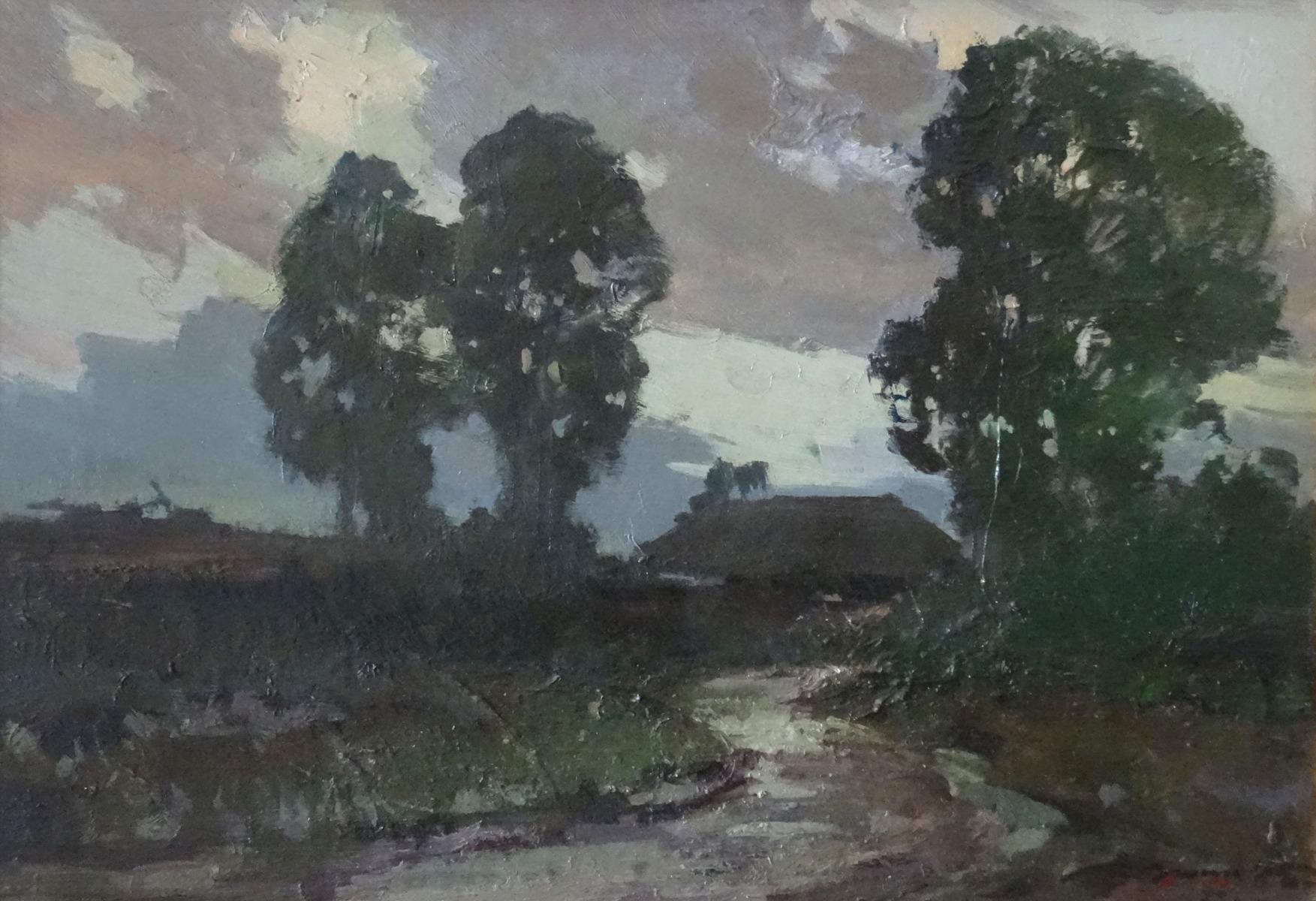 Road to the home at summer evening. 1973, Öl auf Karton, 49x69 cm – Art von Alfejs Bromults