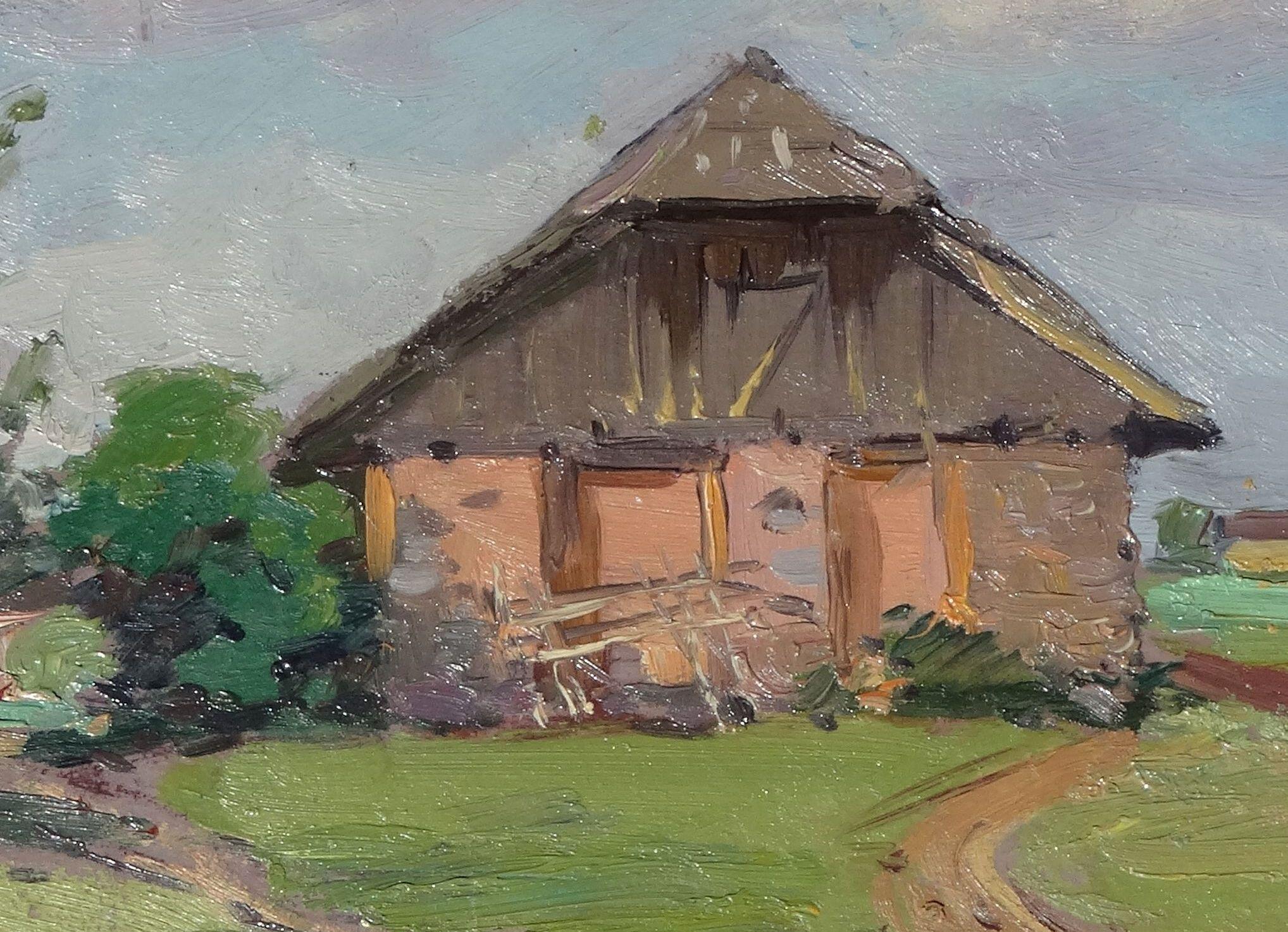 rurales Leben, 1970er Jahre, Karton, Öl, 23,5 x 36,5 cm (Grau), Landscape Painting, von Alfejs Bromults