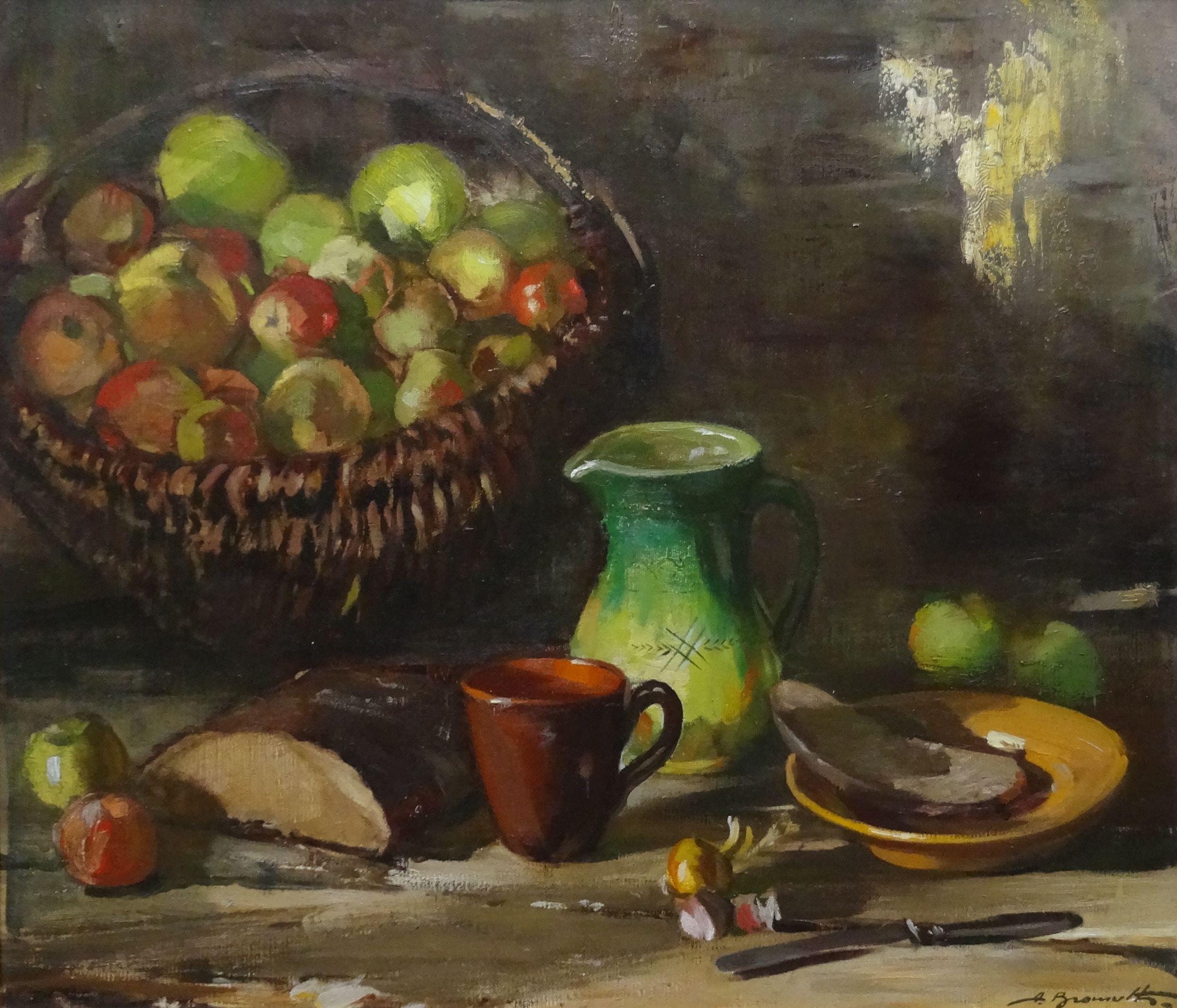 Alfejs Bromults Still-Life Painting - Still life with a green mug. 1976, canvas, oil, 70x81 cm