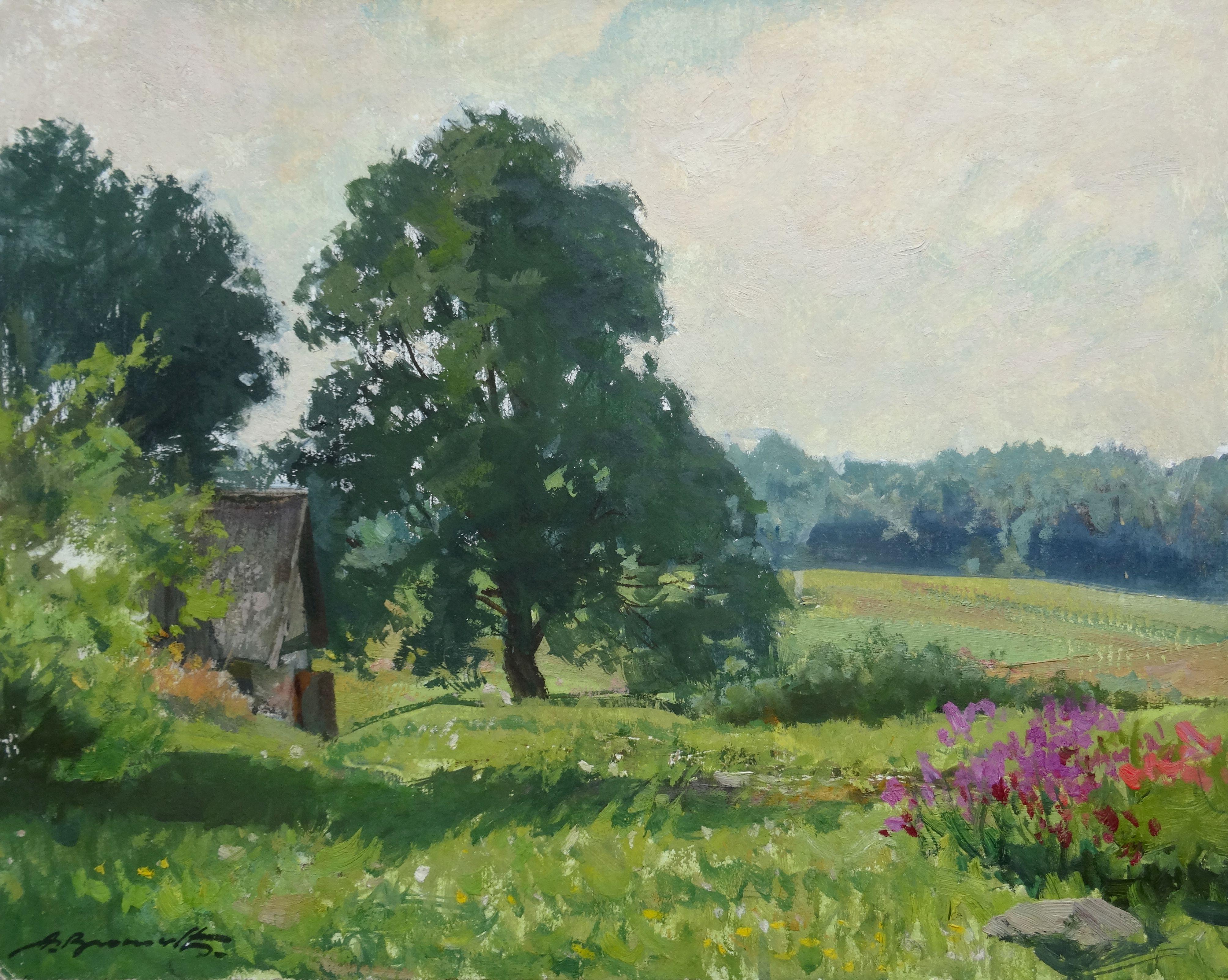 Alfejs Bromults Landscape Painting – Sommertag. Öl auf Karton, 40x50 cm, Öl