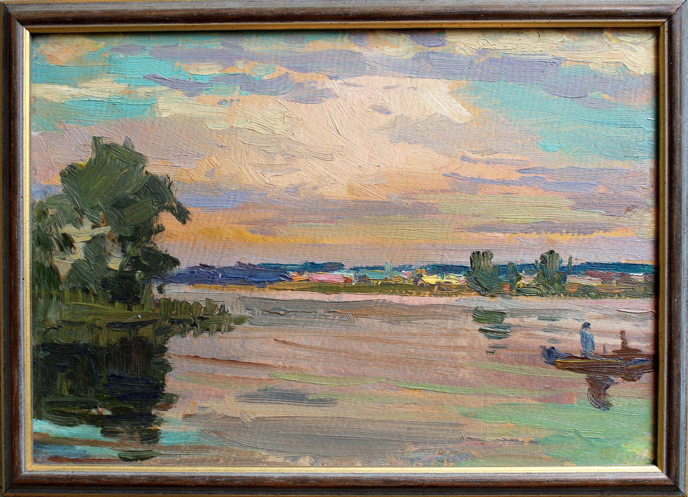 Sera d'estate al fiume  1960. Olio su cartone, 19x27 cm - Art Realismo di Alfejs Bromults