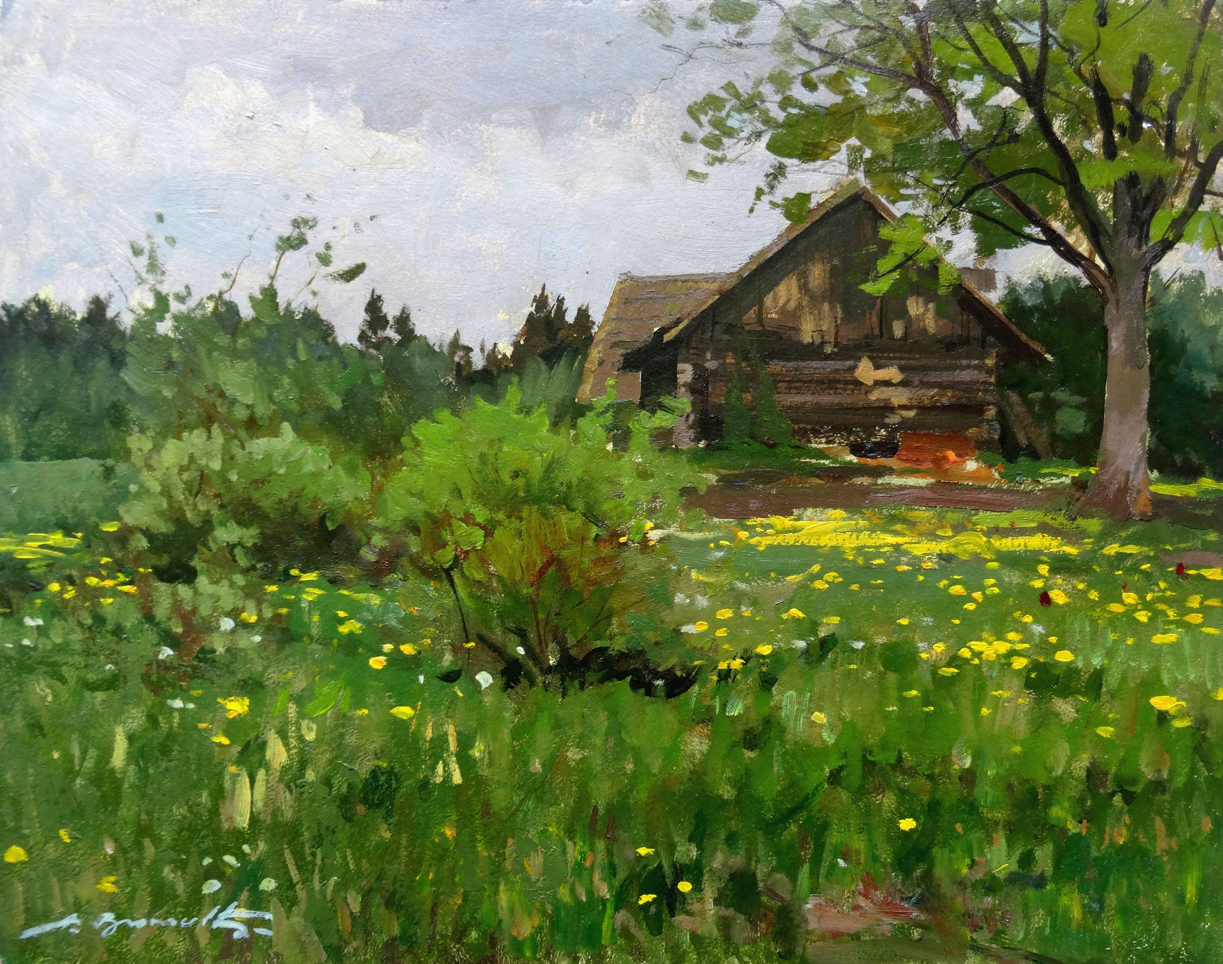 Alfejs Bromults Landscape Painting - Summer in the countryside. Oil on cardboard, 40x50 cm