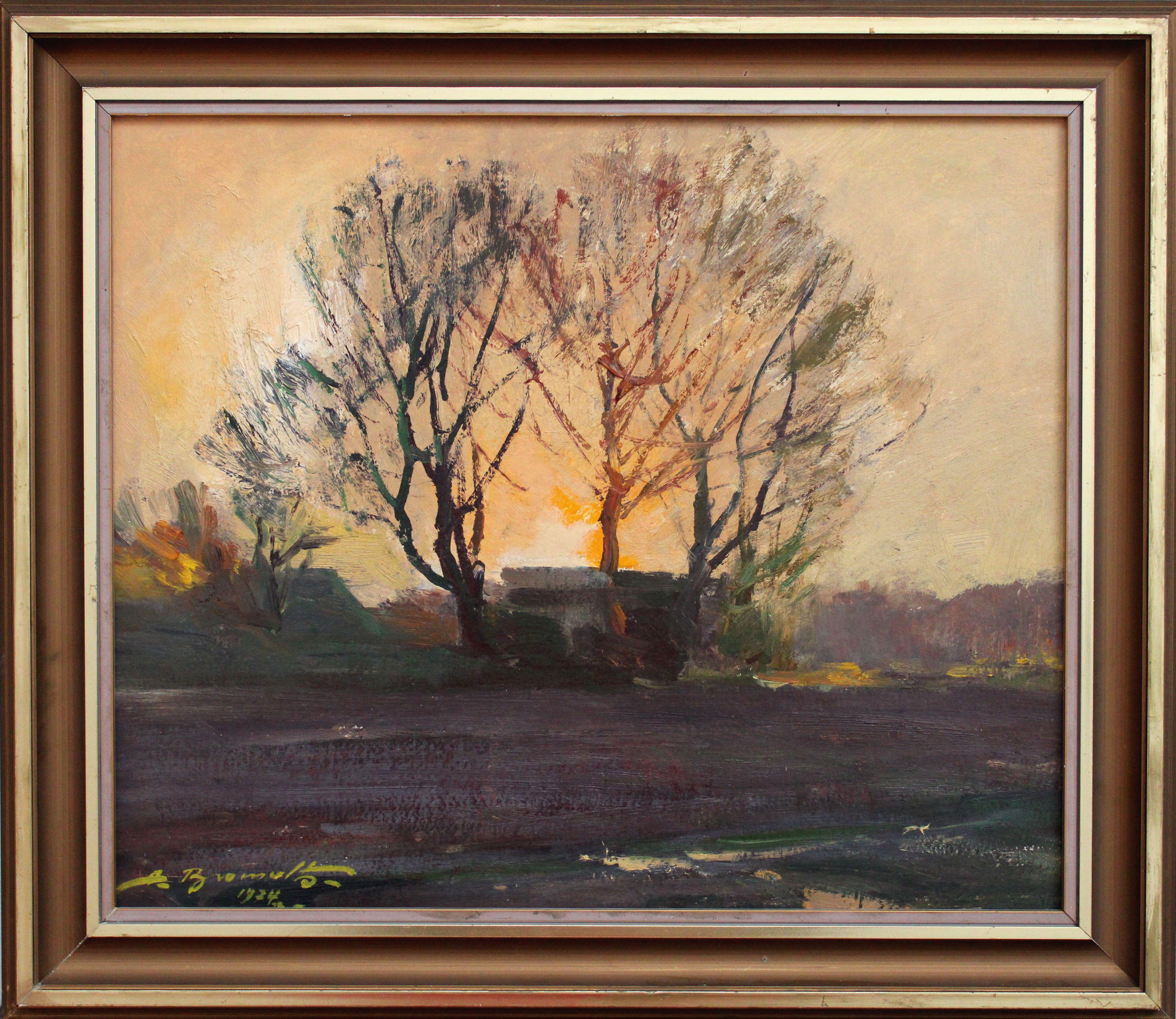 Sun rise. 1974, cardboard, oil, 40x49 cm - Painting by Alfejs Bromults