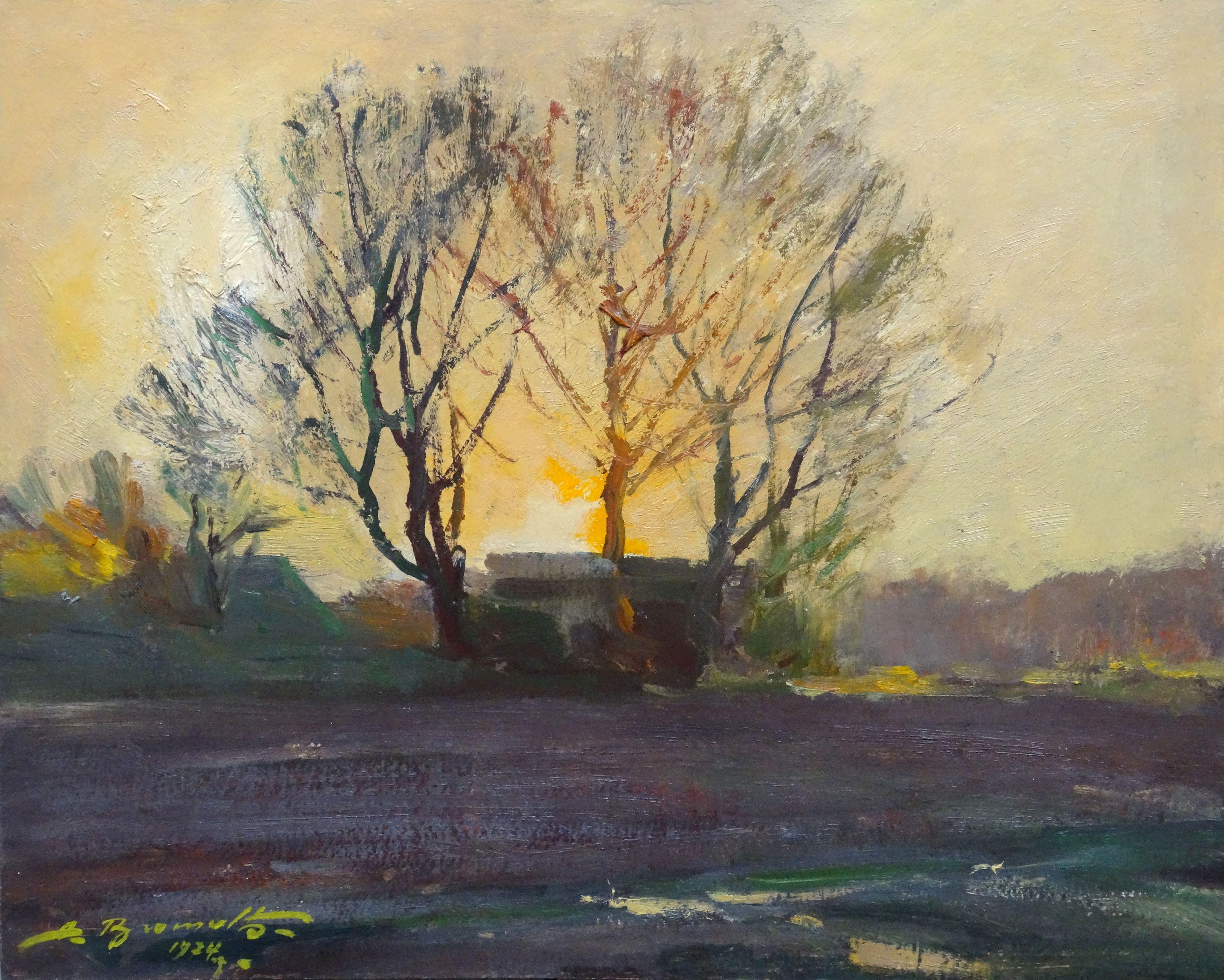 Alfejs Bromults Landscape Painting - Sun rise. 1974, cardboard, oil, 40x49 cm