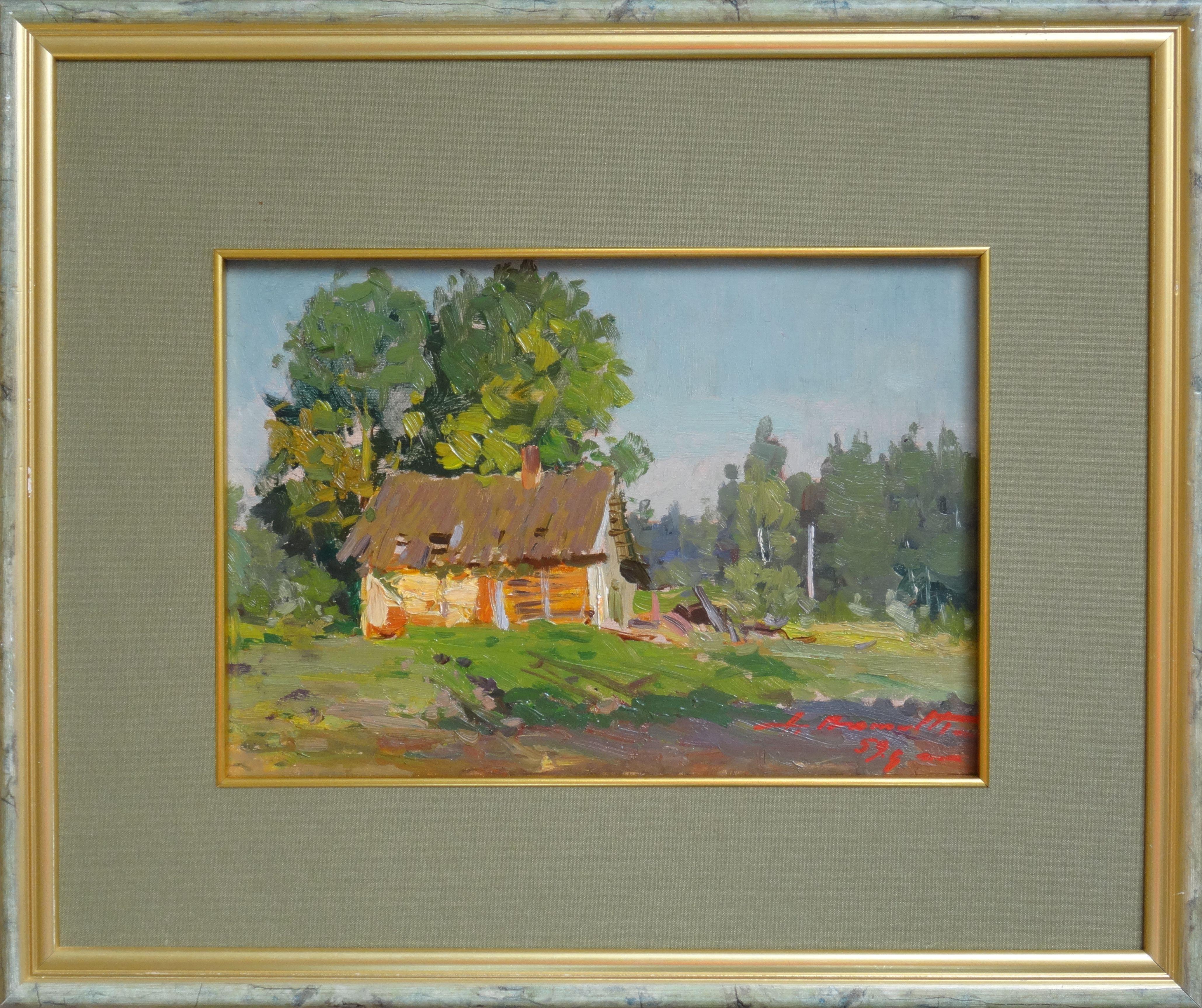 Sunny day at the village. 1959. Oil on cardboard, 18x26 cm - Painting by Alfejs Bromults