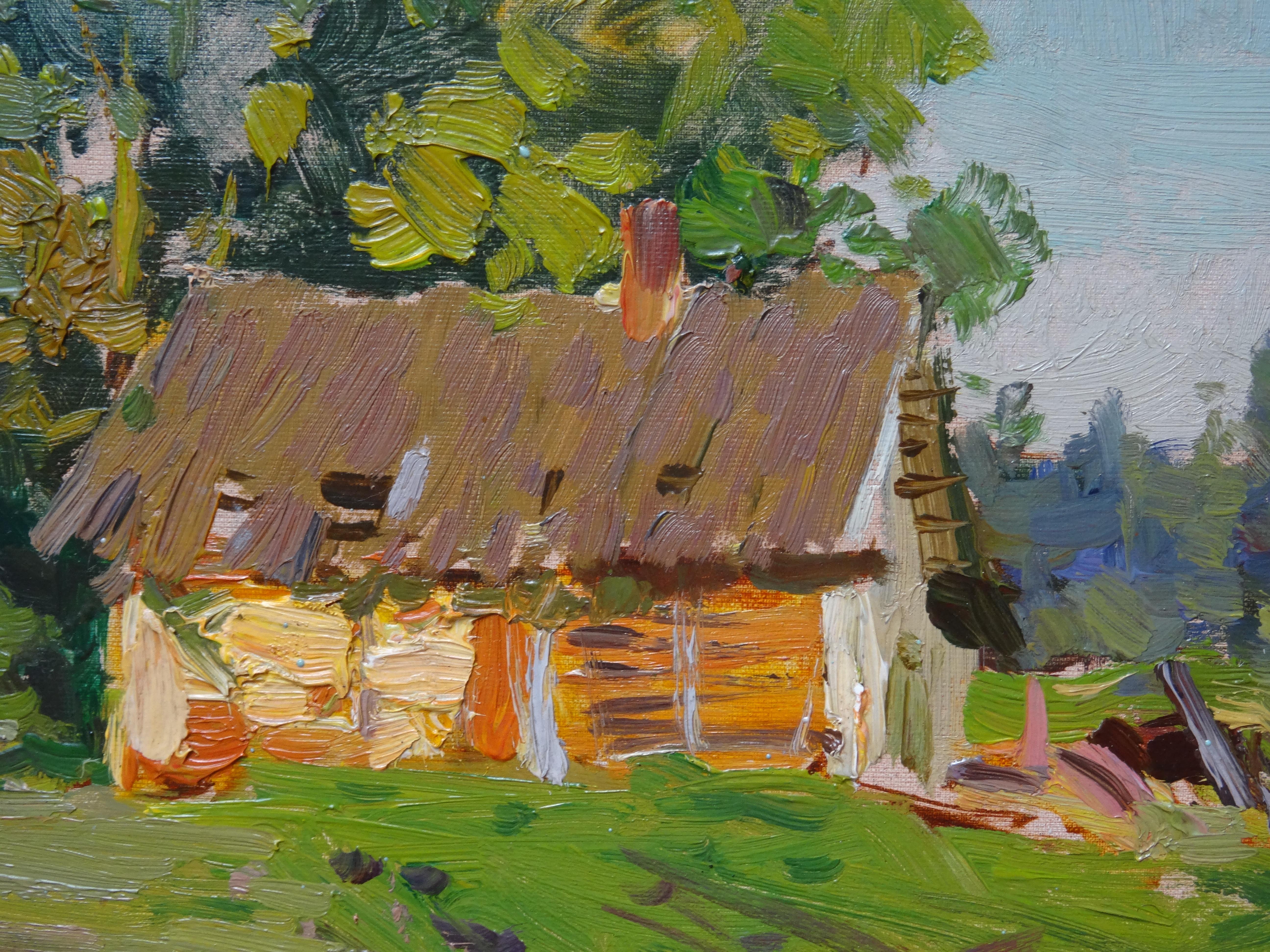 Sunny day at the village. 1959. Oil on cardboard, 18x26 cm - Realist Painting by Alfejs Bromults
