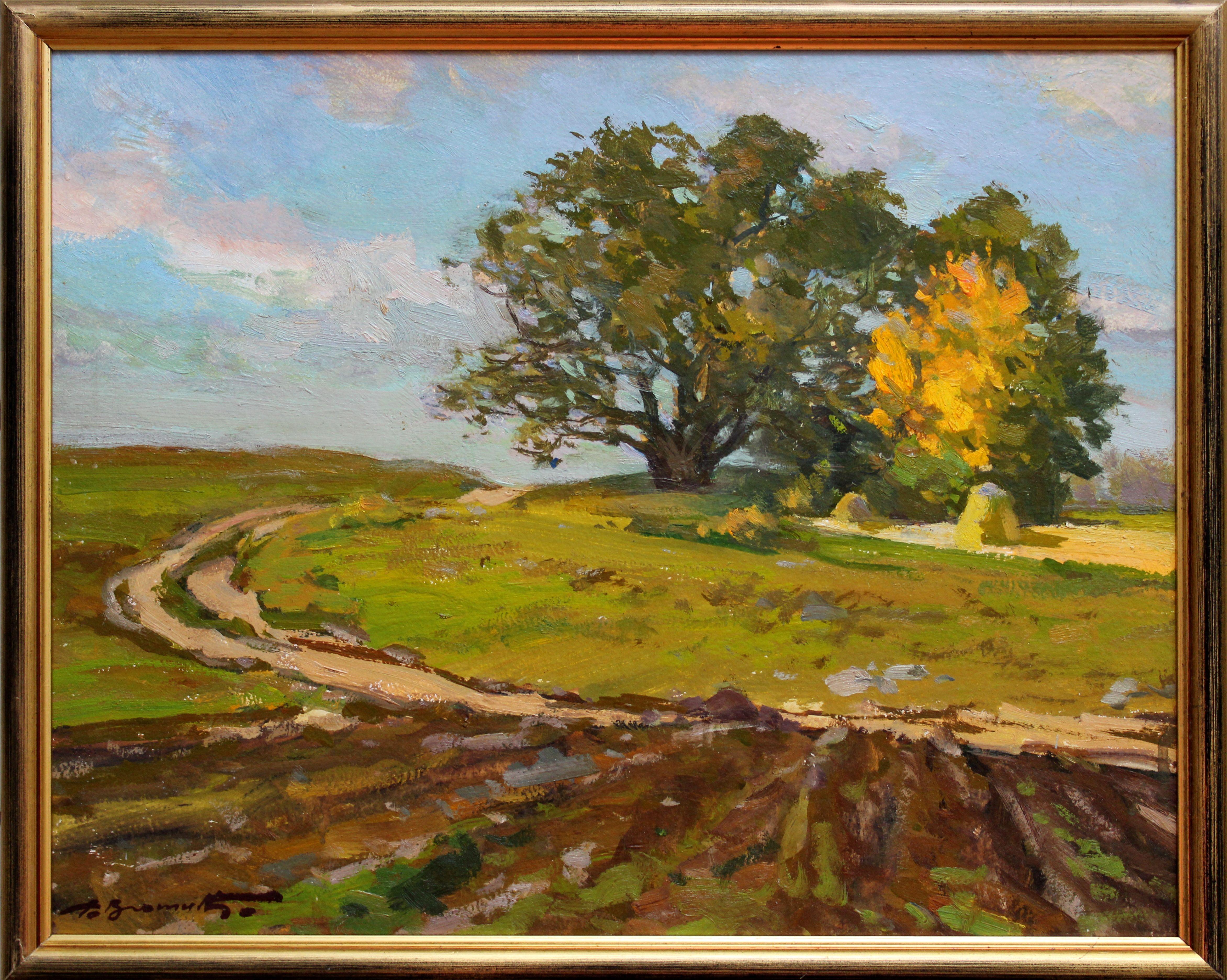 La strada di casa. 1980. olio su cartone, 40x50 cm - Painting di Alfejs Bromults