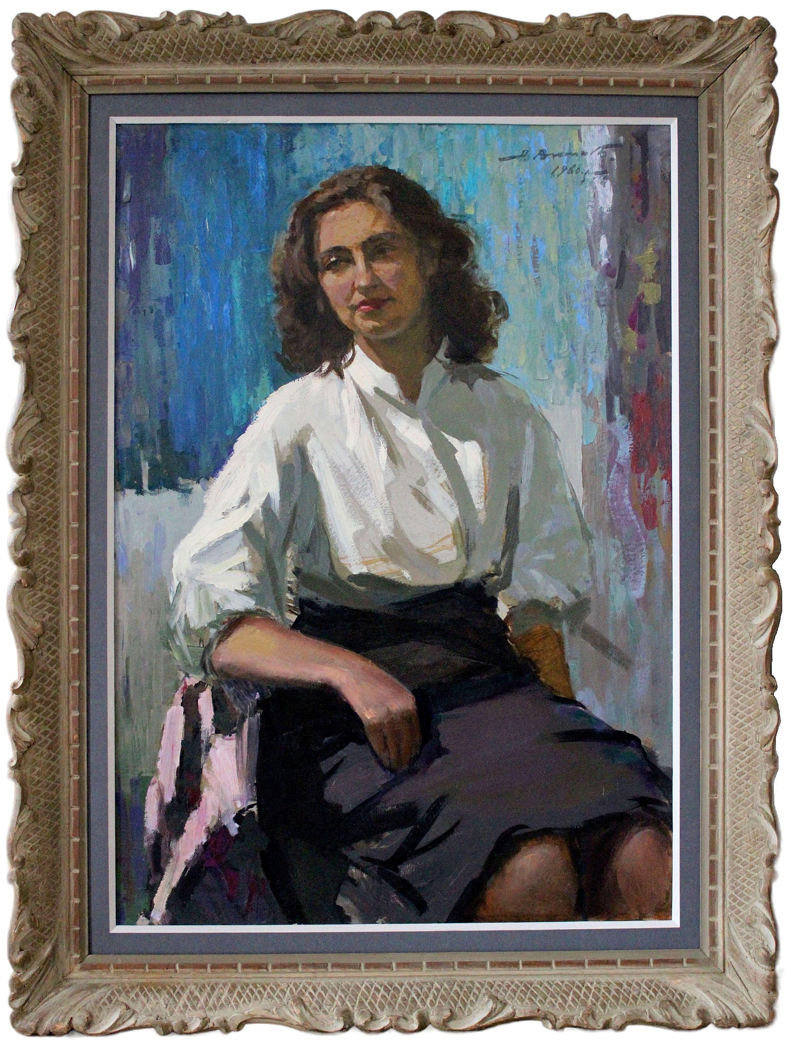 Wife portrait.Oil on cardboard, 110, 5x72, 5 cm - Painting by Alfejs Bromults
