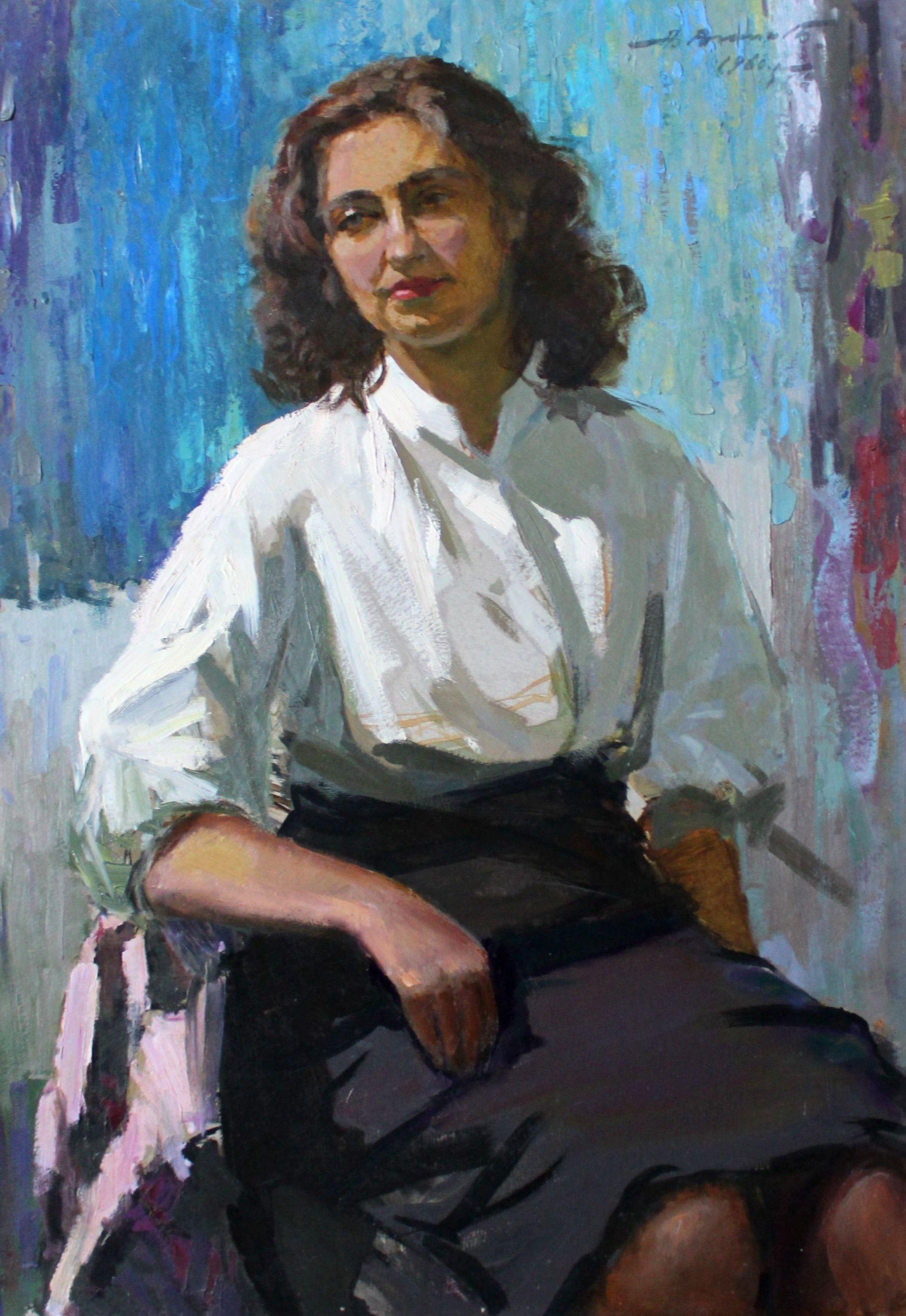 Alfejs Bromults Figurative Painting - Wife portrait.Oil on cardboard, 110, 5x72, 5 cm