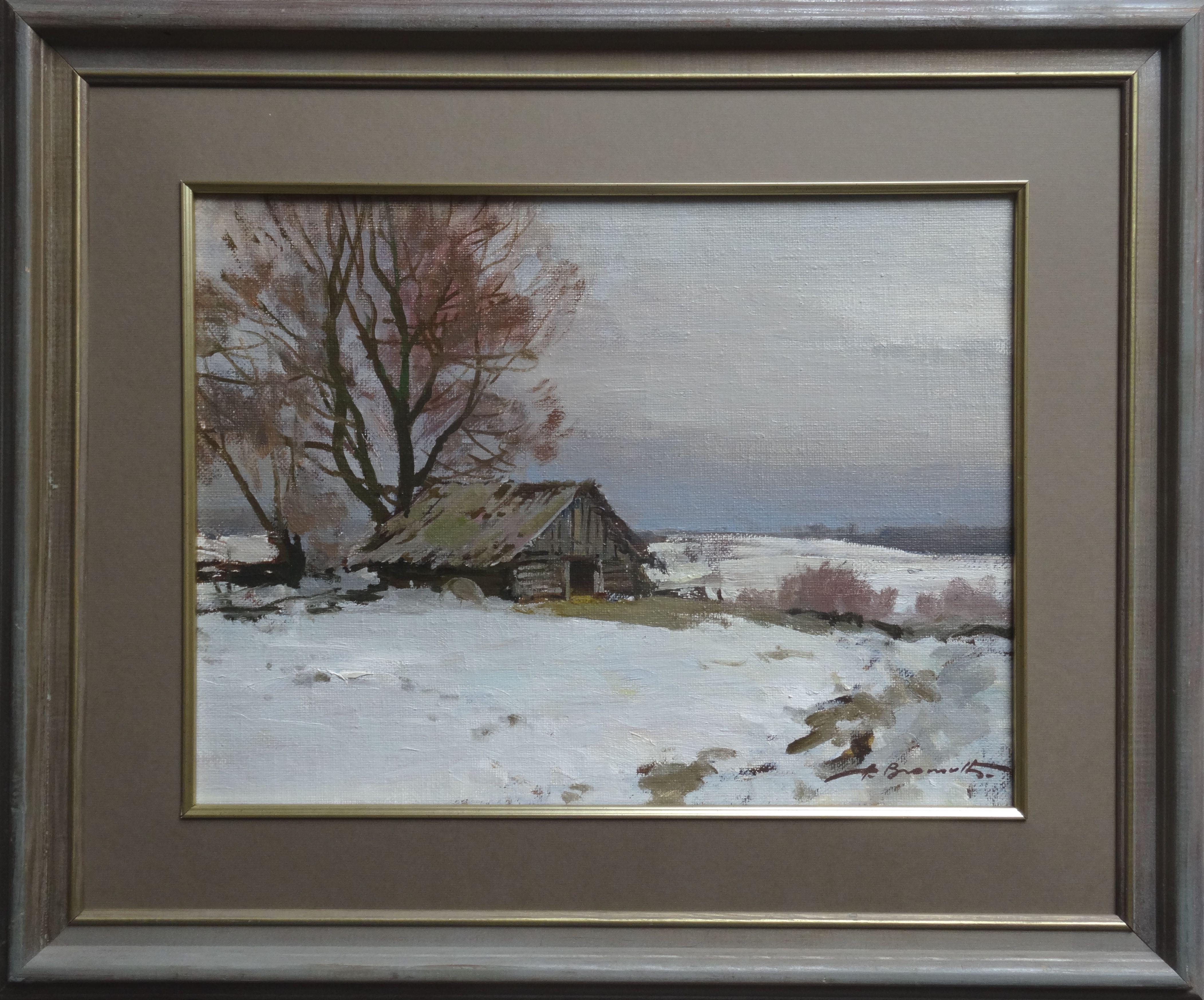 Winter in the village. Oil on canvas and cardboard, 34x45 cm - Painting by Alfejs Bromults