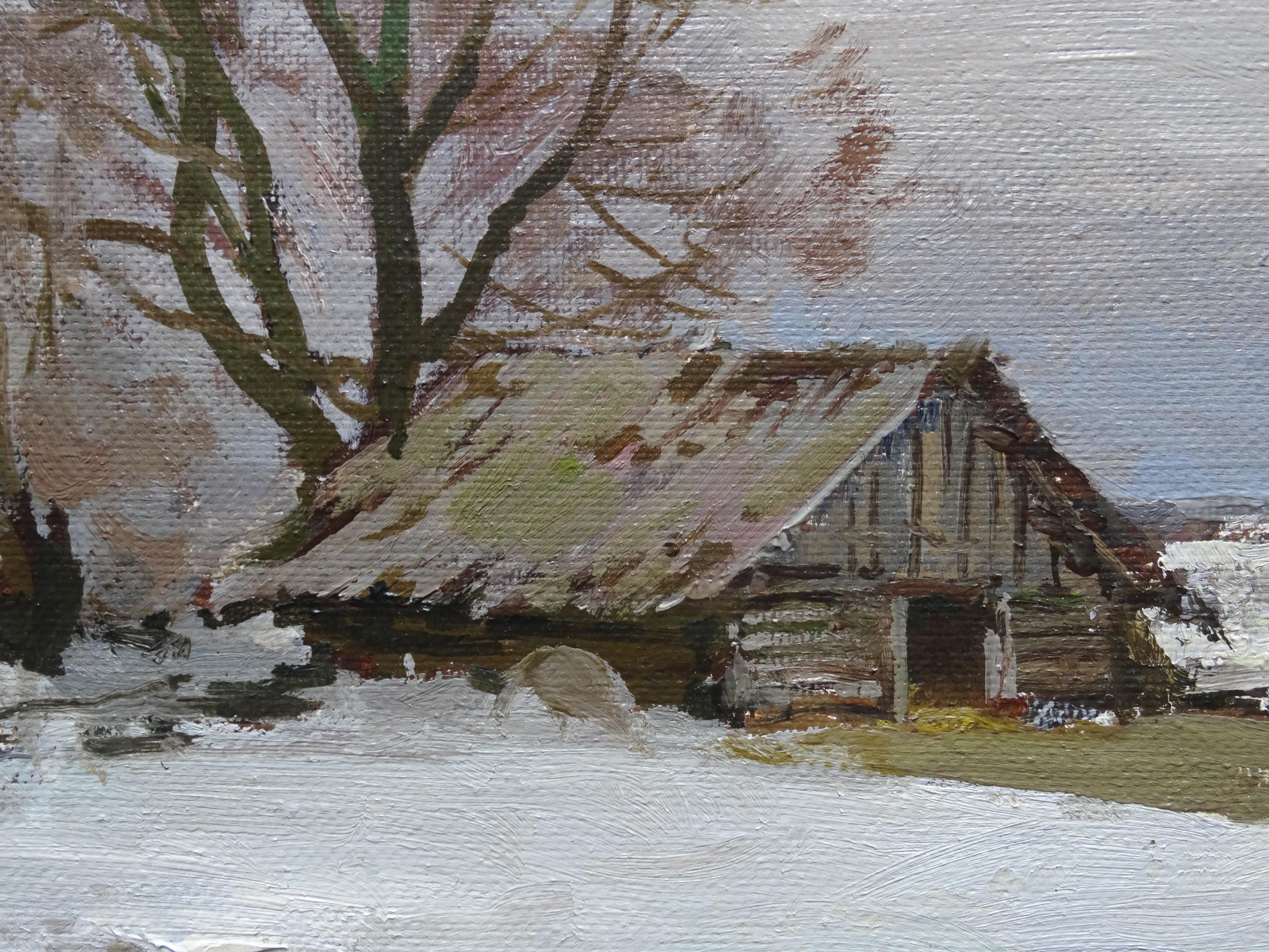 L'hiver dans le village. Huile sur toile et carton, 34 x45 cm - Gris Landscape Painting par Alfejs Bromults