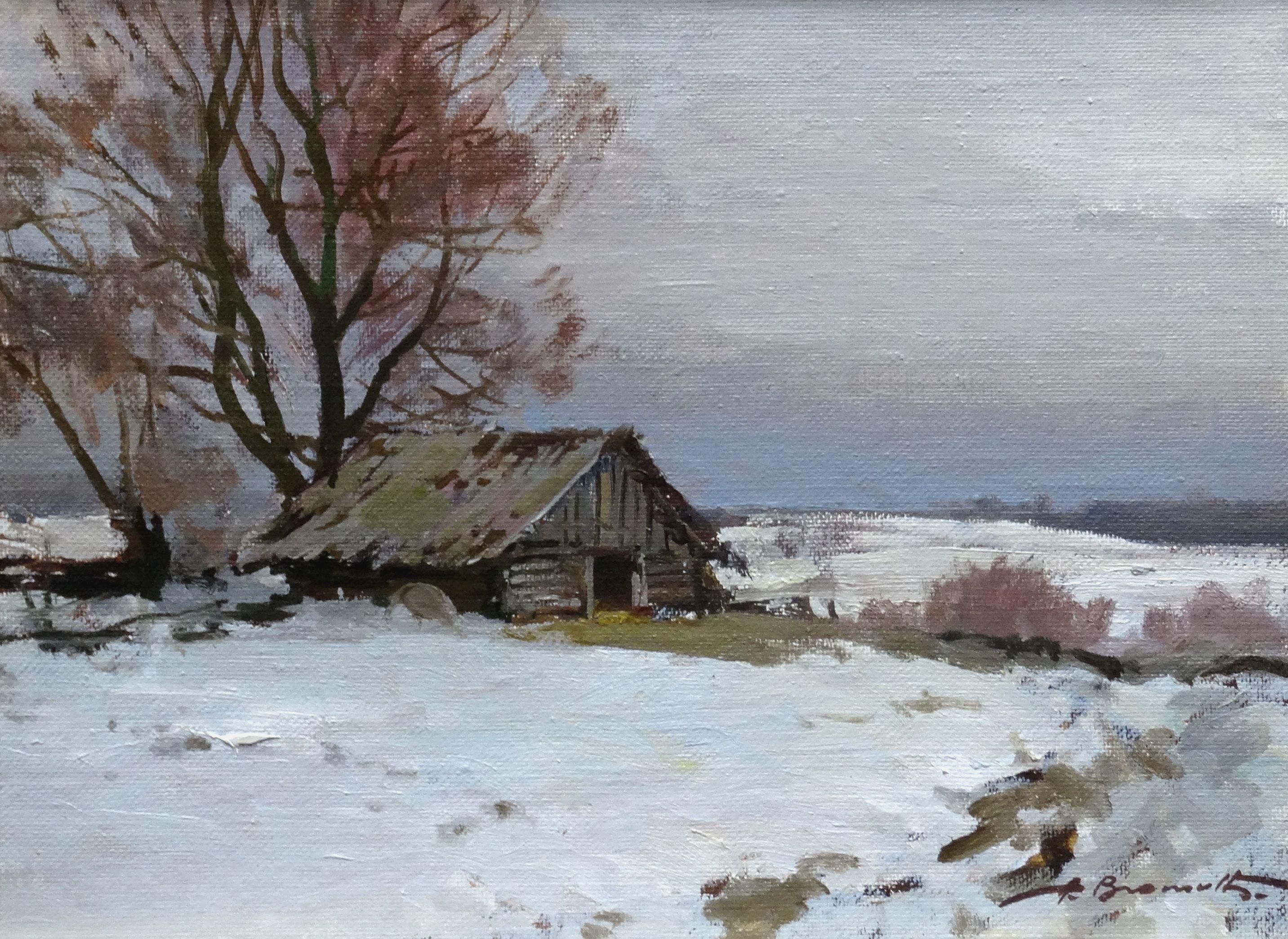 Landscape Painting Alfejs Bromults - L'hiver dans le village. Huile sur toile et carton, 34 x45 cm