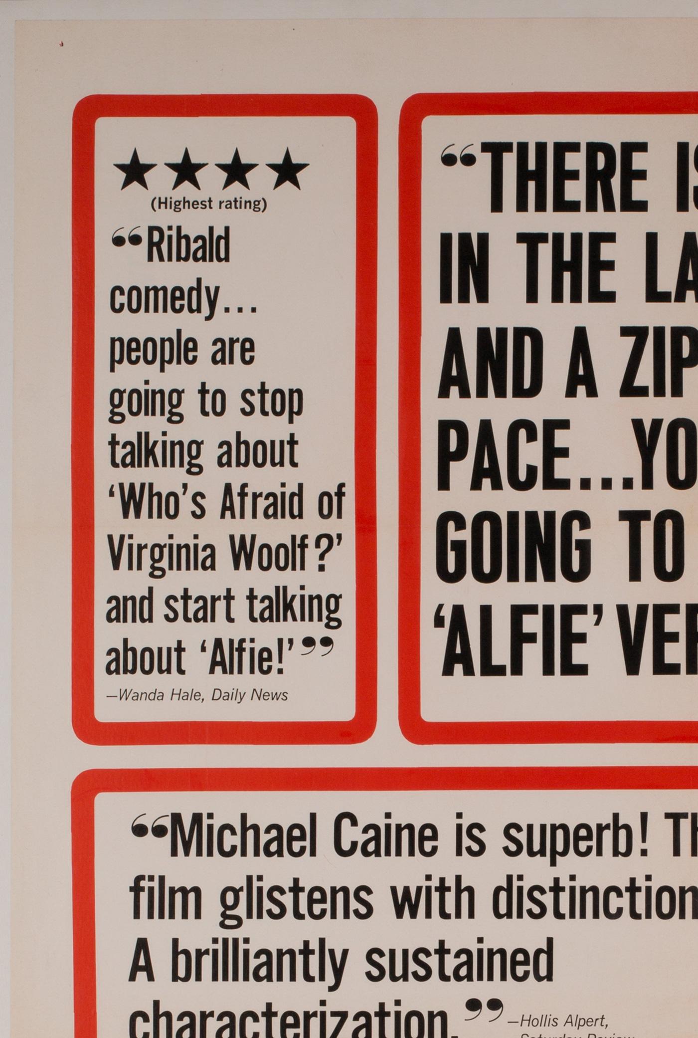 Alfie, le voyou cinématographique préféré de beaucoup et sans doute le meilleur rôle de Caine. Un film emblématique des années 1960 et cette affiche de cinéma américaine en 1 feuille est dans un état fantastique.

Nettoyé professionnellement,