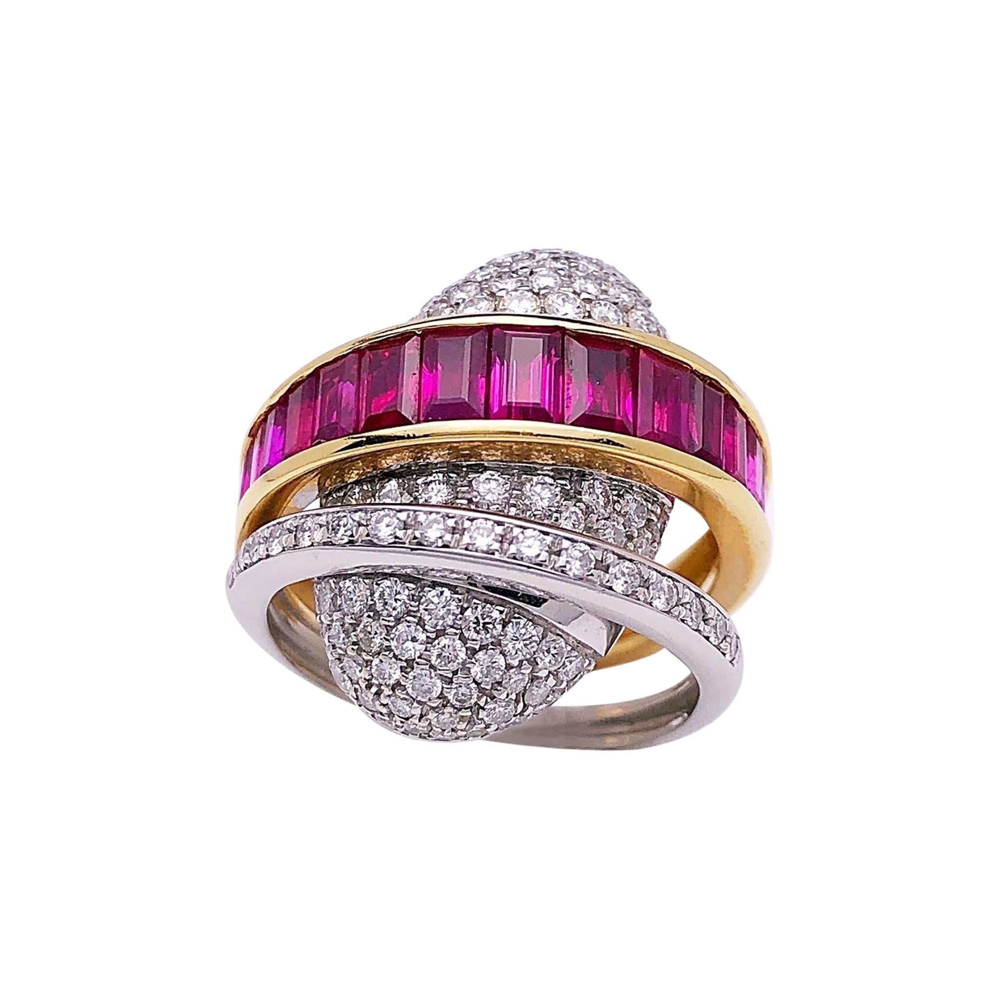 Alfieri & St. John 18KT. Yellow & White Gold Ring with 3.95Ct. Rubies & Diamonds For Sale