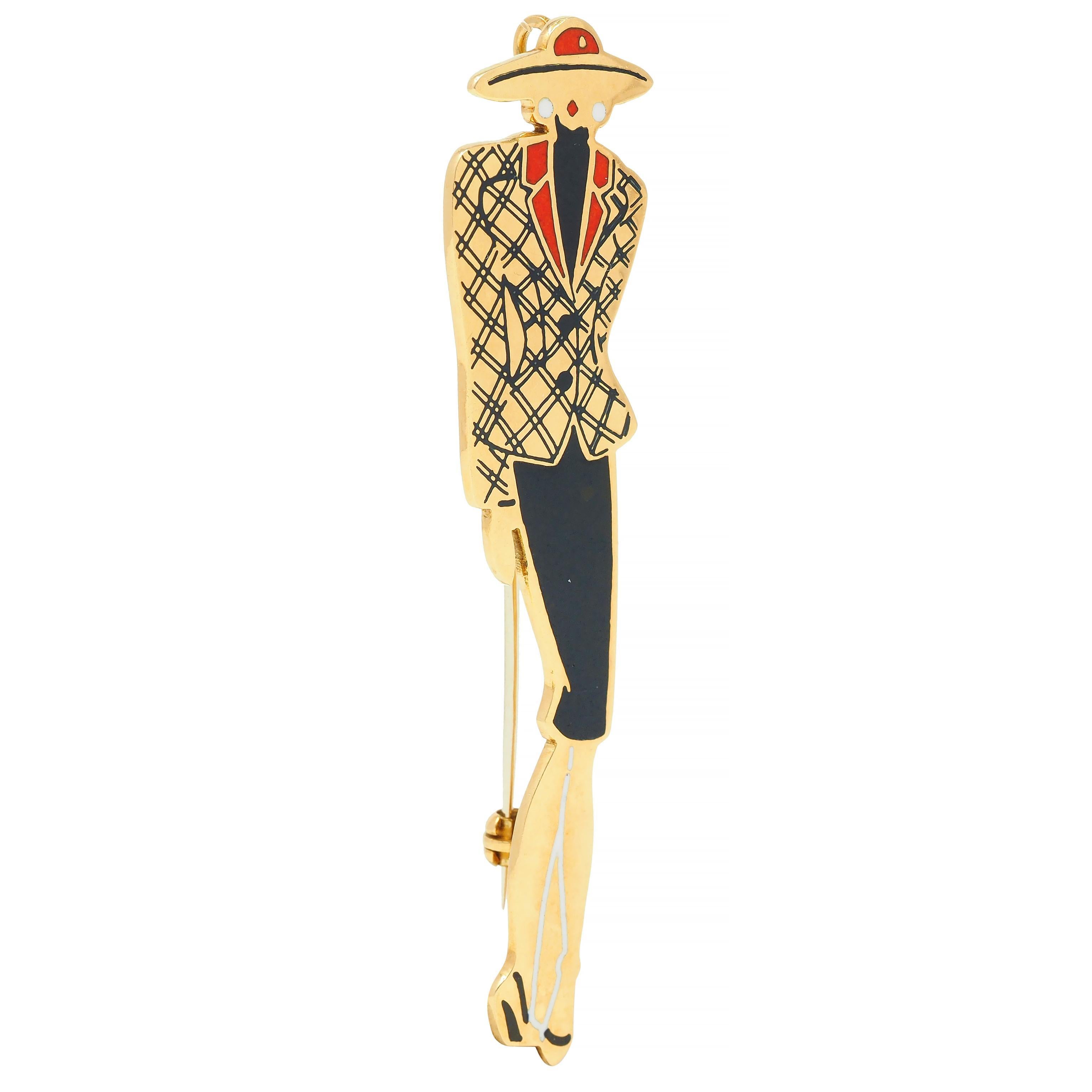 Alfieri & St. John, broche vintage mode pour femme en or jaune 18 carats et émail, 1980 Unisexe en vente