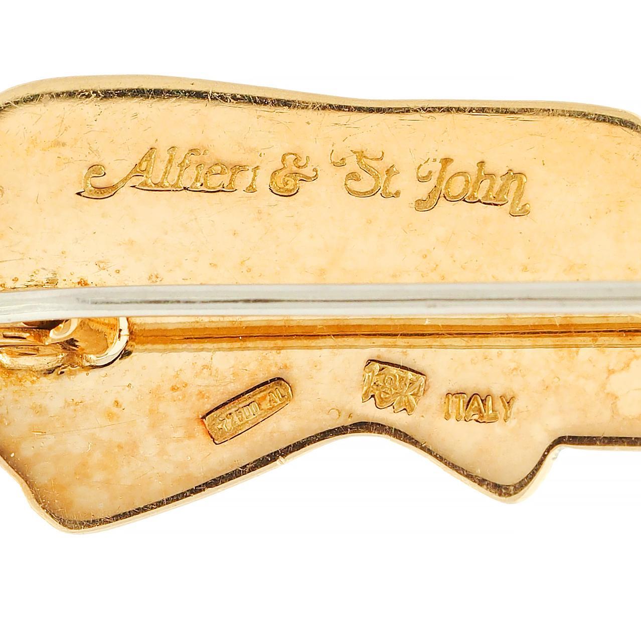 Alfieri & St. John, broche vintage mode pour femme en or jaune 18 carats et émail, 1980 en vente 3