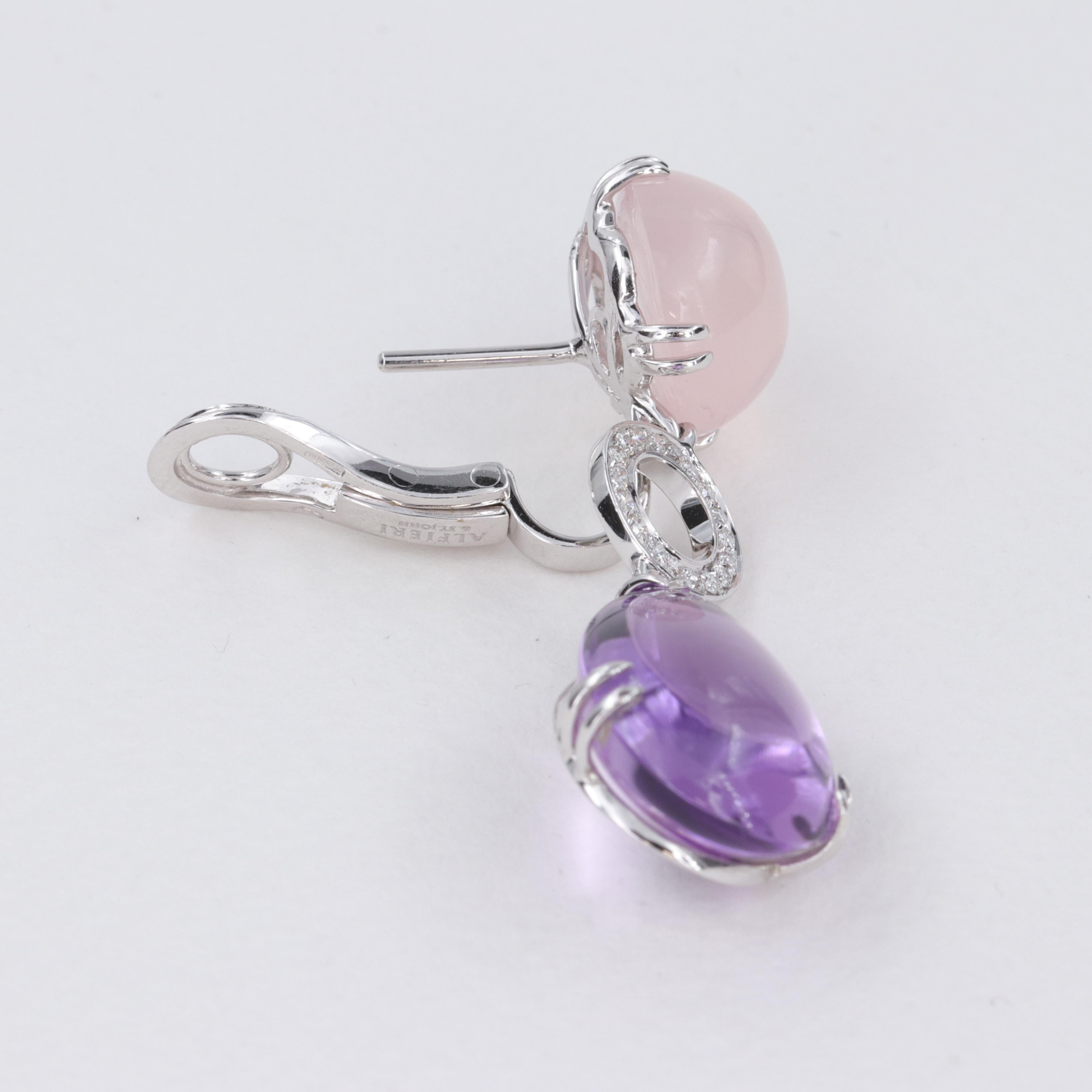 Cabochon Alfieri & St. John Amethyst, Rose Quartz & Diamond Drop Earrings 18 Karat Gold For Sale