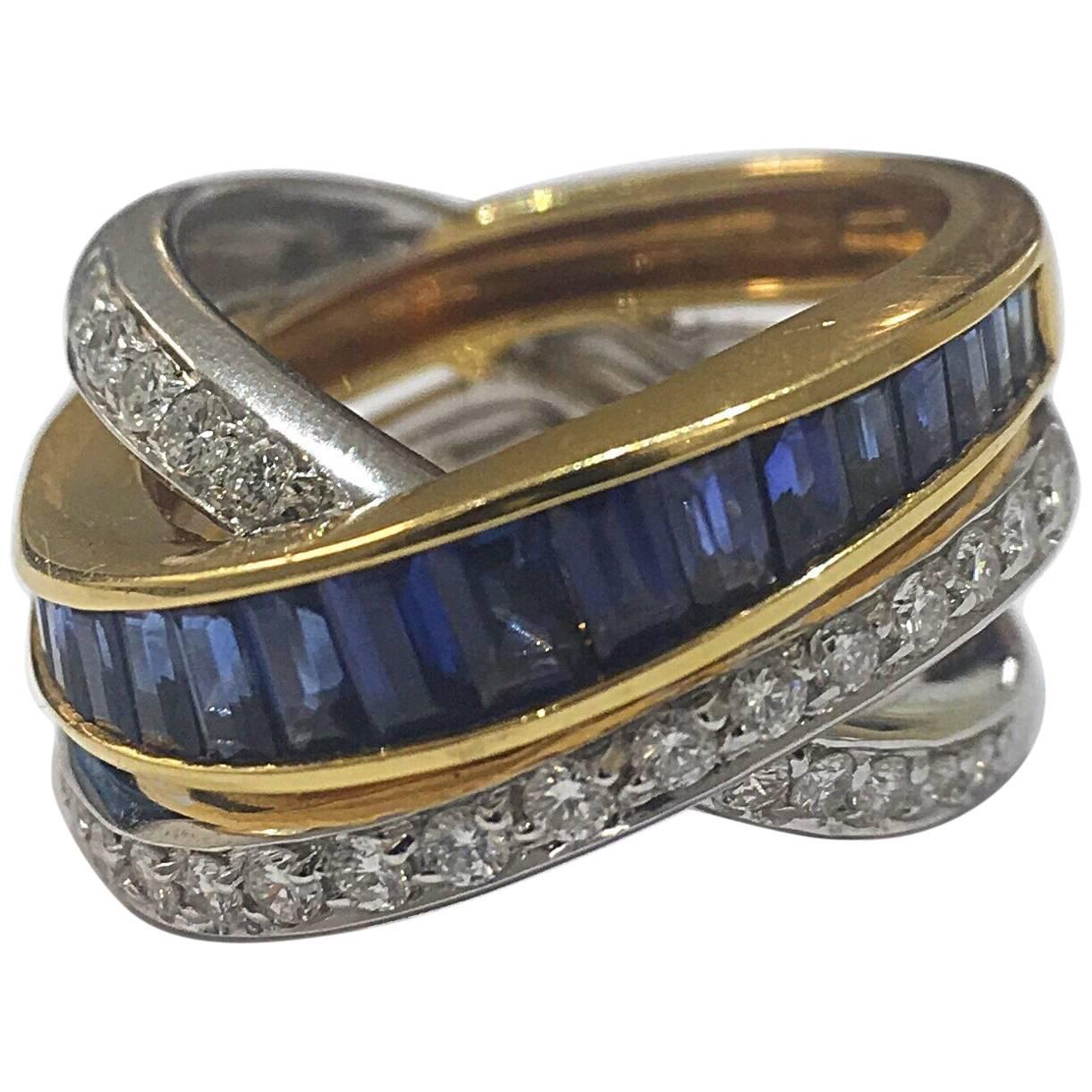 Alfieri & St John Invisibly Set Sapphire and Diamond Crossover Ring For Sale