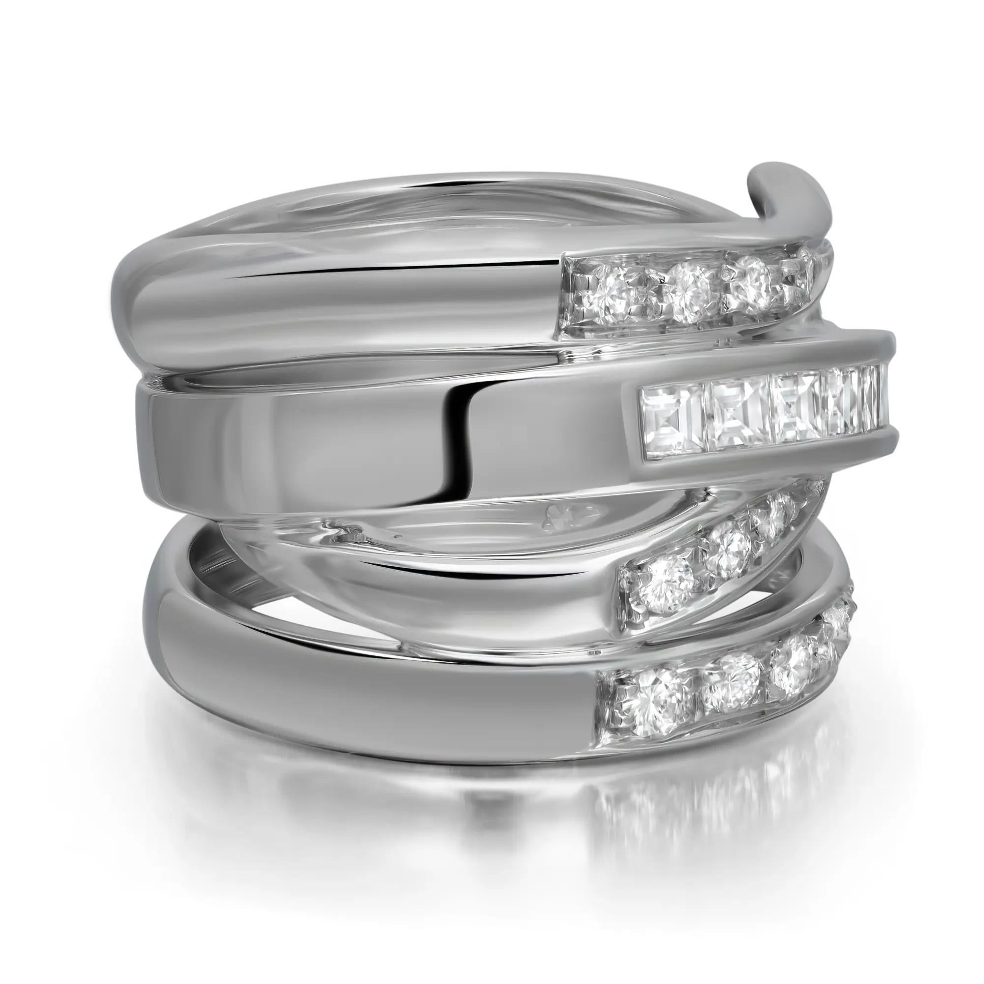 Princess Cut Alfieri St. John Princess And Round Cut Diamond Band Ring 18K White Gold 1.25Ctw For Sale
