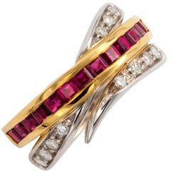 Alfieri & St. John square Ruby and Diamond Gold Crossover Band Ring