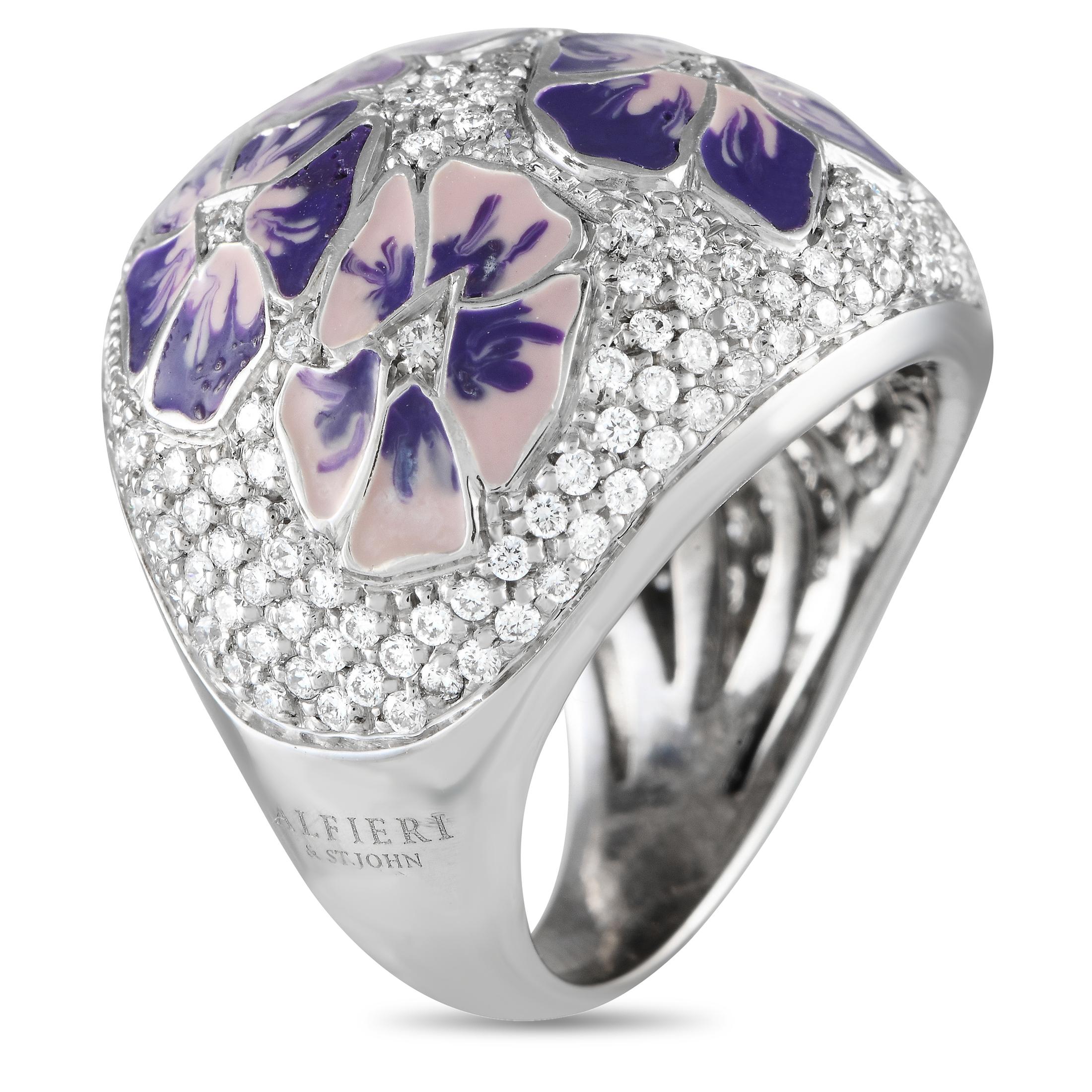 This Alfieri & St. John ring is a veritable work of art. On this breathtaking accessory, detailed enamel floral motifs provide the perfect pop of color. Inset Diamonds with a total weight of 1.45 carats effortlessly catch the light from their place