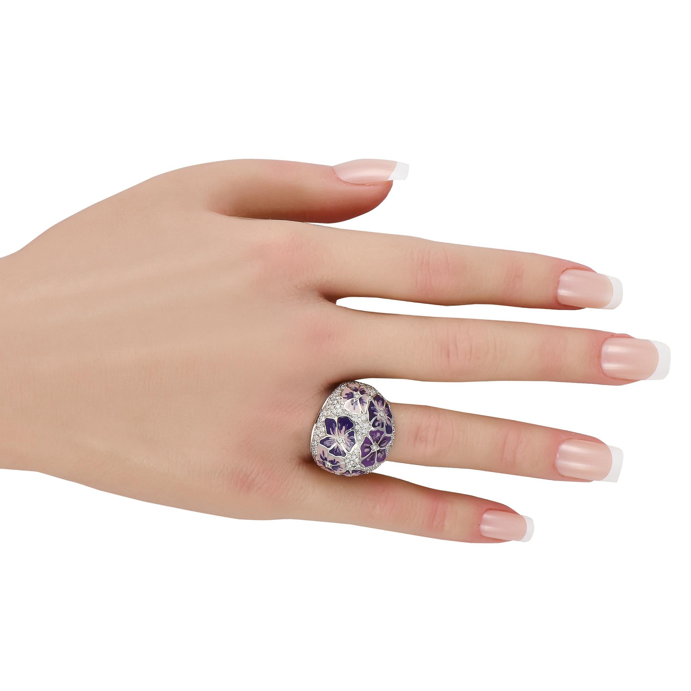 Round Cut ALFIERI & ST.JOHN 18K White Gold 1.45ct Diamond & Enamel Flower Ring AJ20-111524 For Sale
