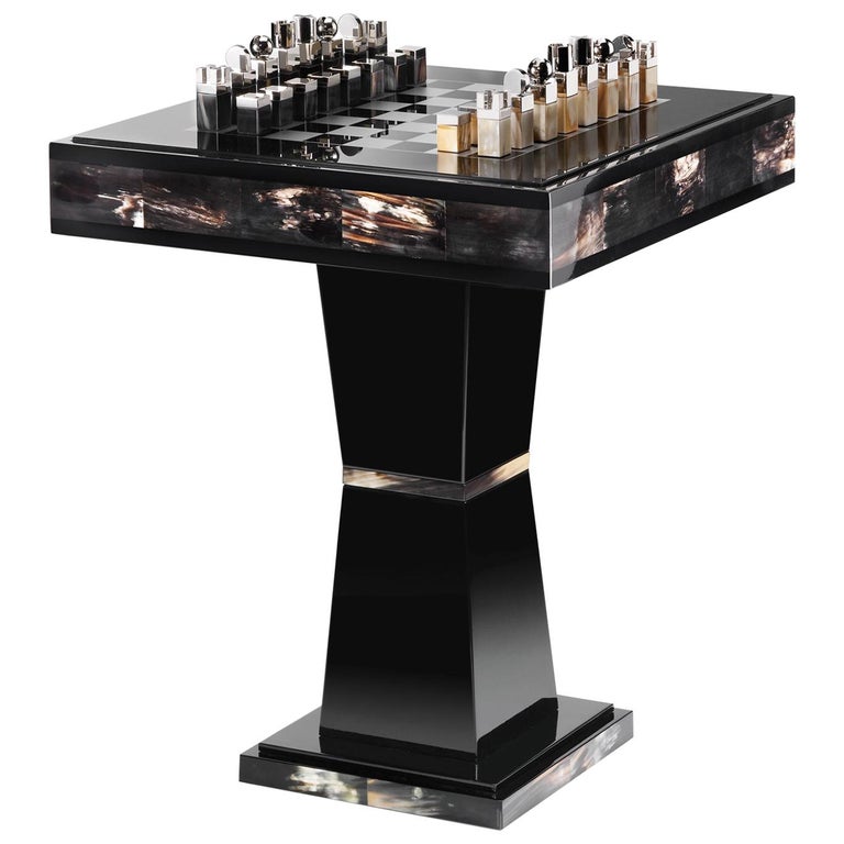 Alfio Chess Table in Corno Italiano and Glossy Black Lacquered Wood, Mod. 3244 For Sale