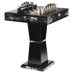 Alfio Chessboard Table in Dark Horn and Wood by Arcahorn