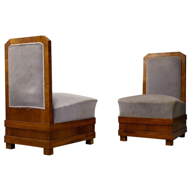 Alfio Fallica Pair of Art Deco Armchairs in Velvet and Walnut, 1920s at