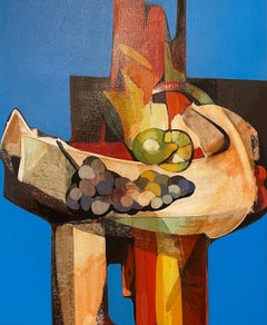 Modernist Italian Oil Painting Abstract Still LIfe Fruit Grapes, Alfio Rapisardi
