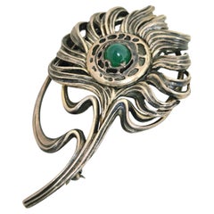 Alfons /Alphonse Mucha brooch "Peacock's feather" No 16/1000 silver, chrysoprase