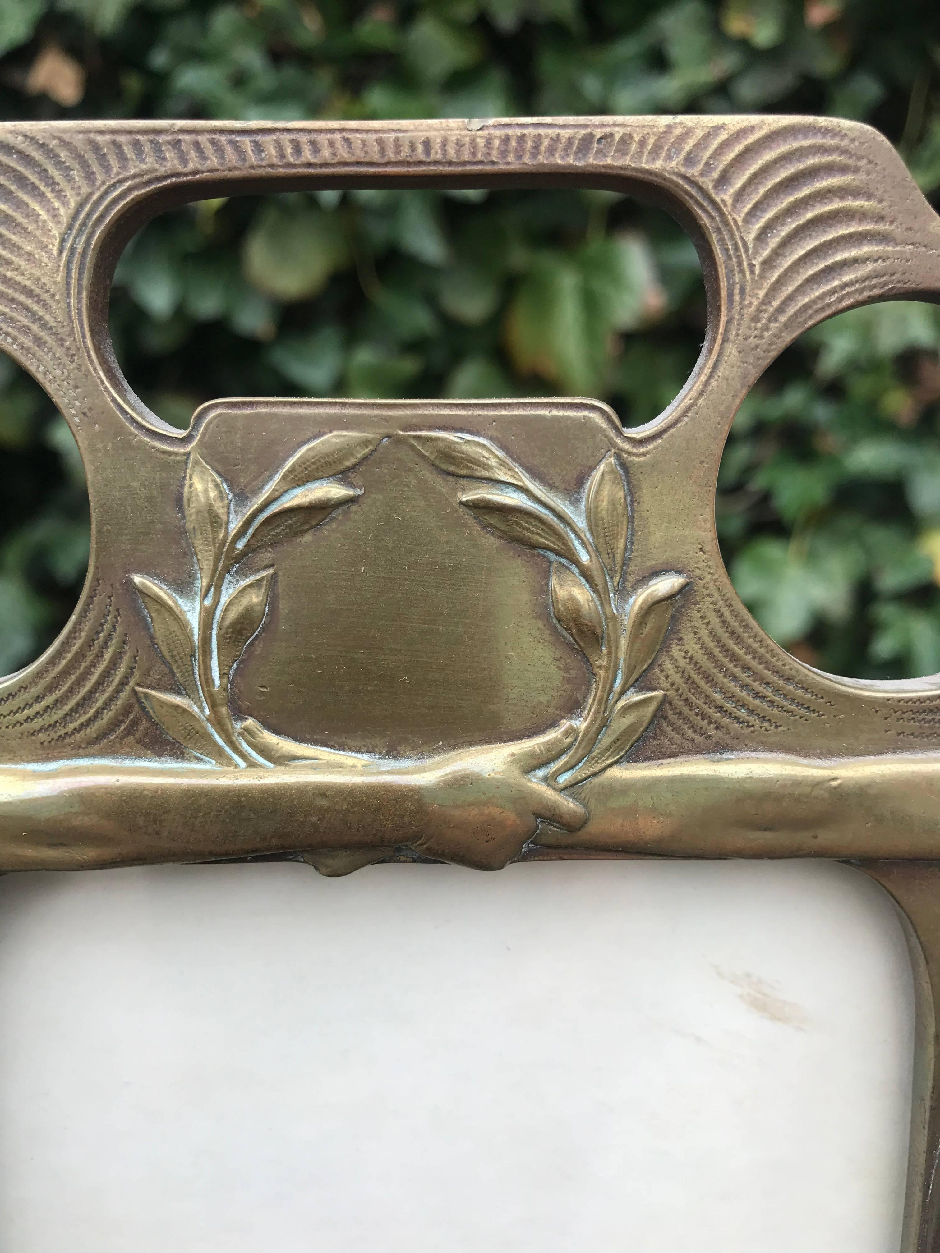 Rare Alfons Mucha Style Art Nouveau Bronze Table Picture Frame with Laurel Theme 1