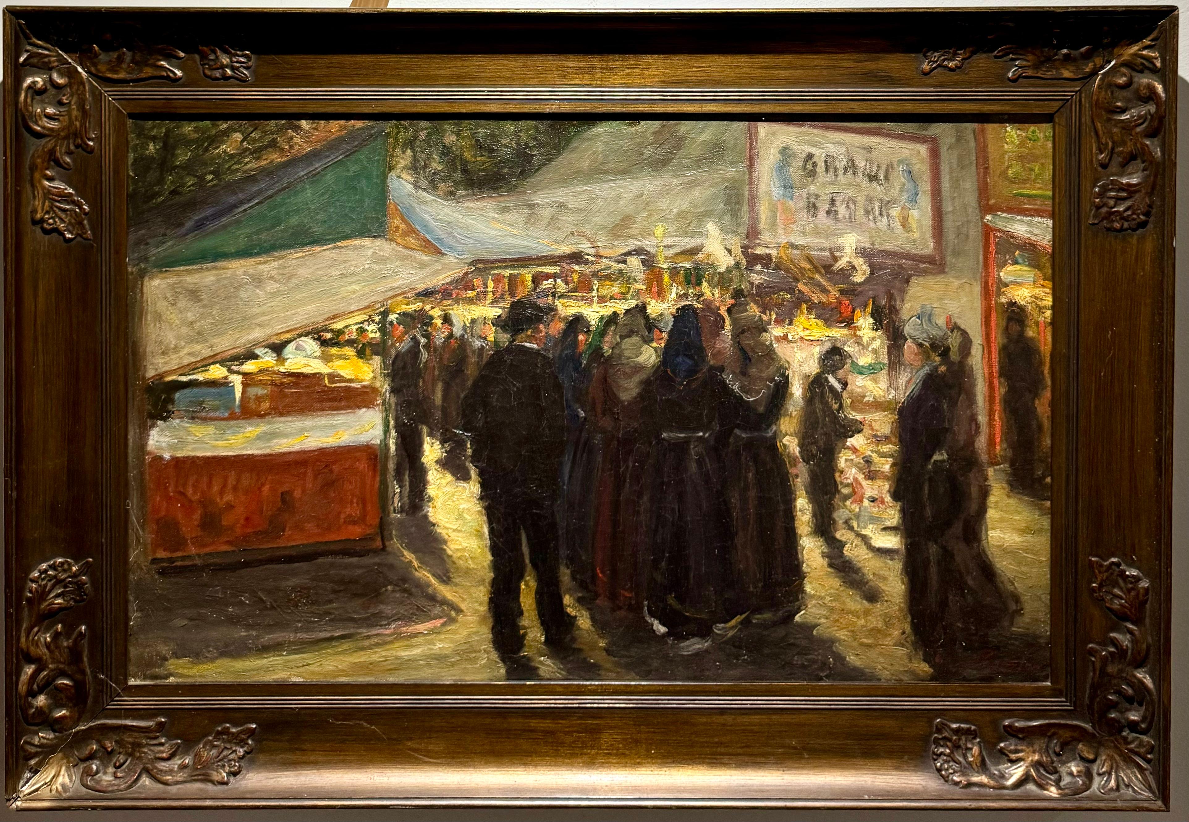 1906 Antique FRENCH Carnival Festival Nightime Circus Pintura impresionista - Painting de ALFONSE PROOST