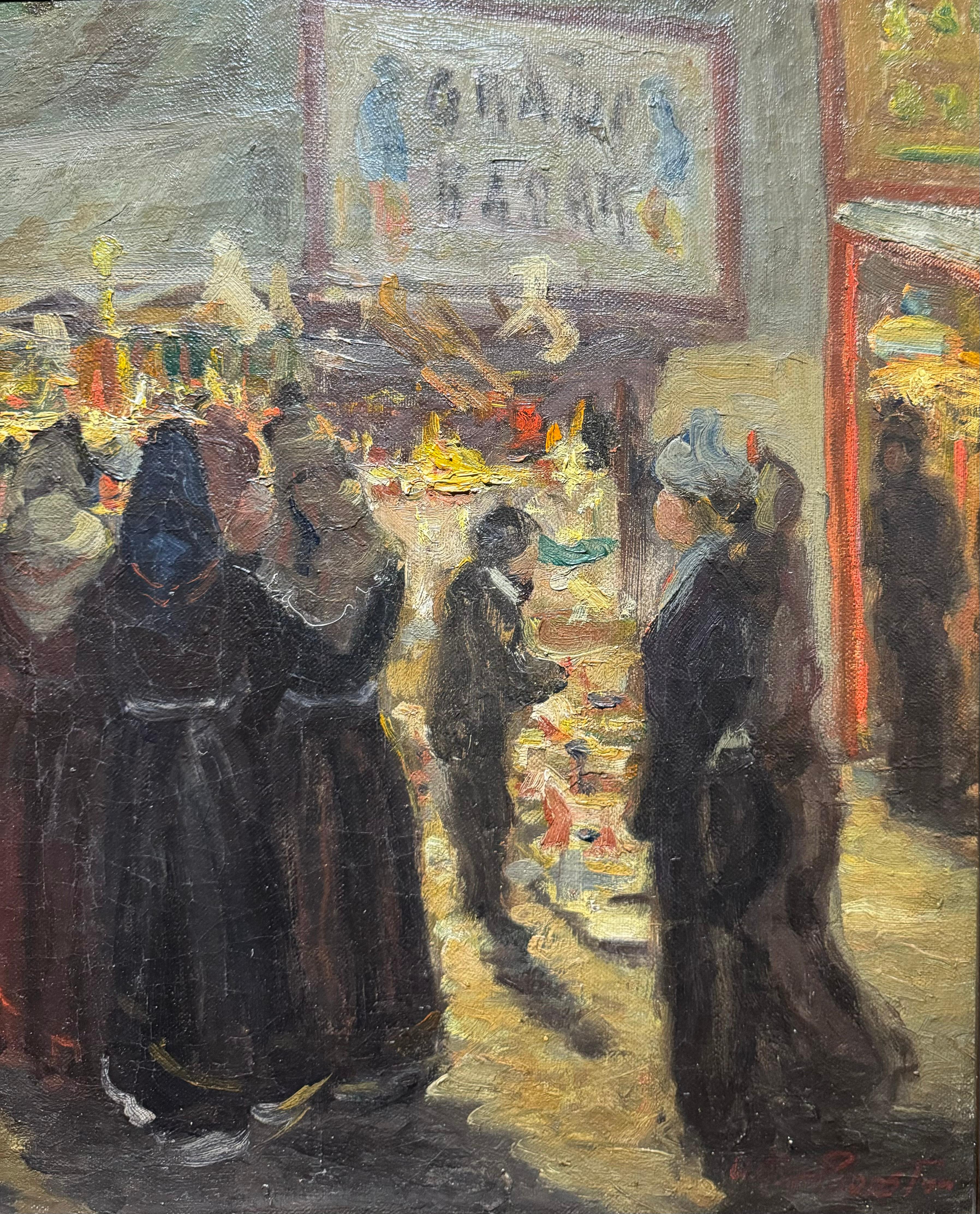 1906 Antique FRENCH Carnival Festival Nightime Circus Pintura impresionista - Figurative Painting Marrón de ALFONSE PROOST