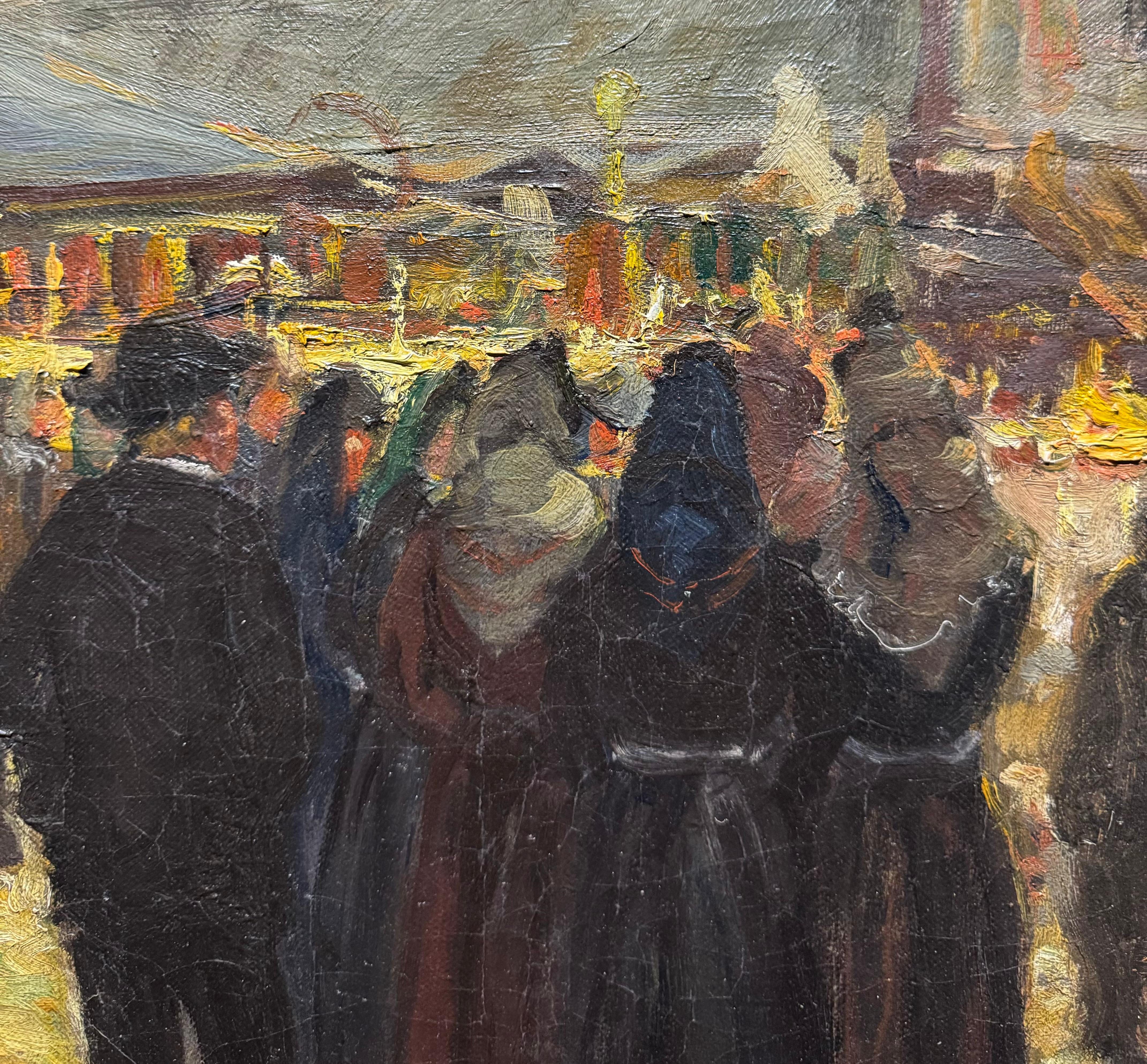 1906 Antique FRENCH Carnival Festival Nightime Circus Pintura impresionista en venta 4