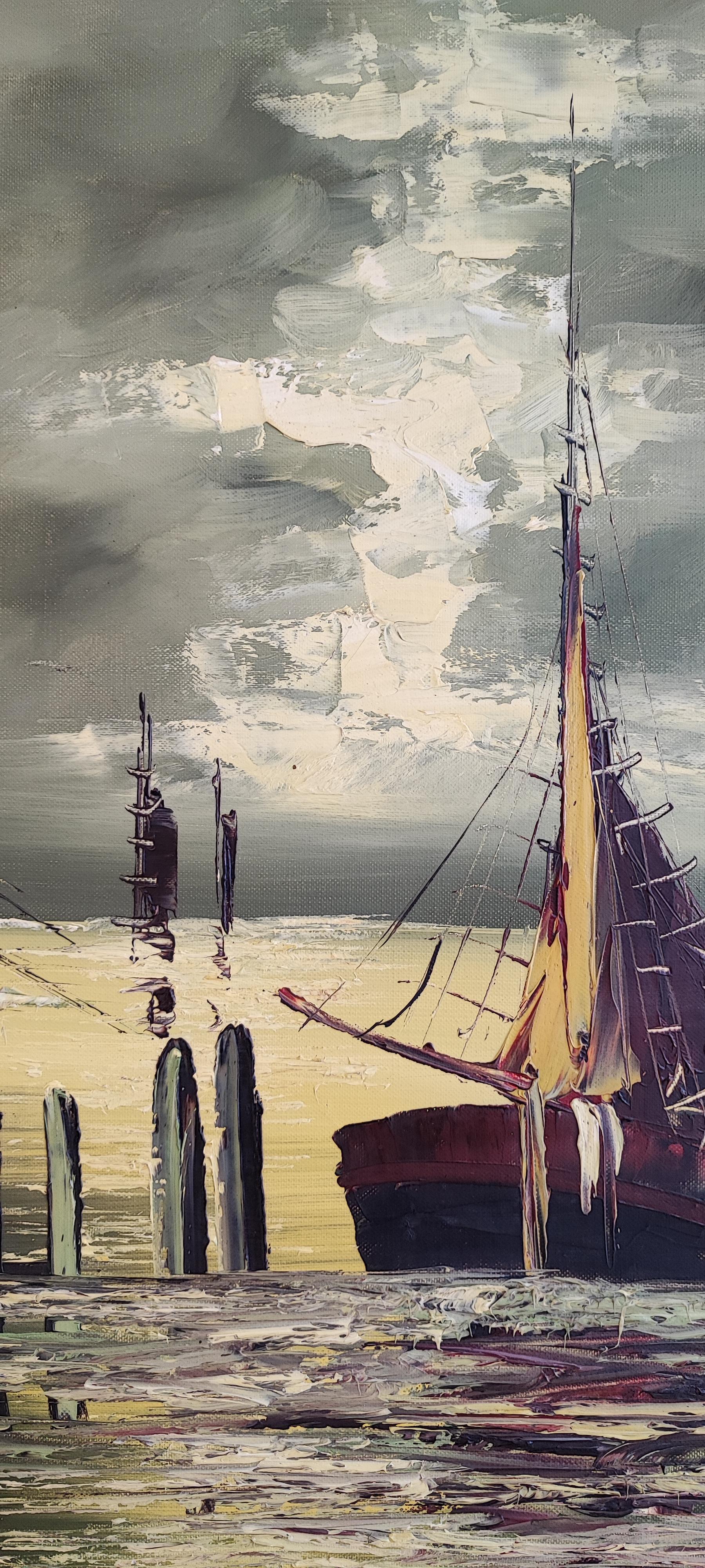 Fishing boats in the lagoon - Italian School Painting by Alfonso Bonin