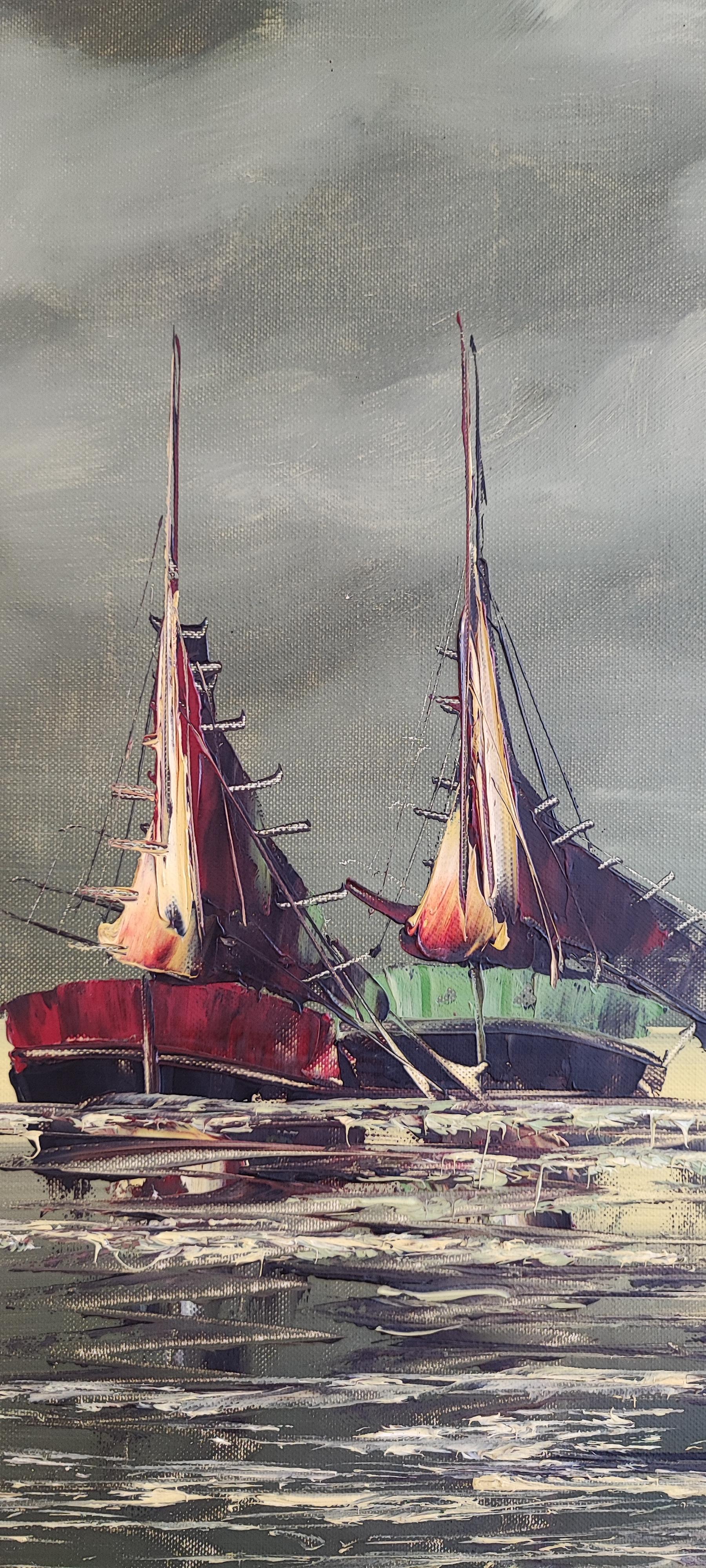 Fishing boats in the lagoon - Black Landscape Painting by Alfonso Bonin