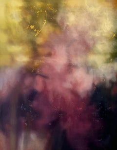 Peinture gestuelle moderne de paysage abstrait - Huile sur lin - Couleurs roses et violettes