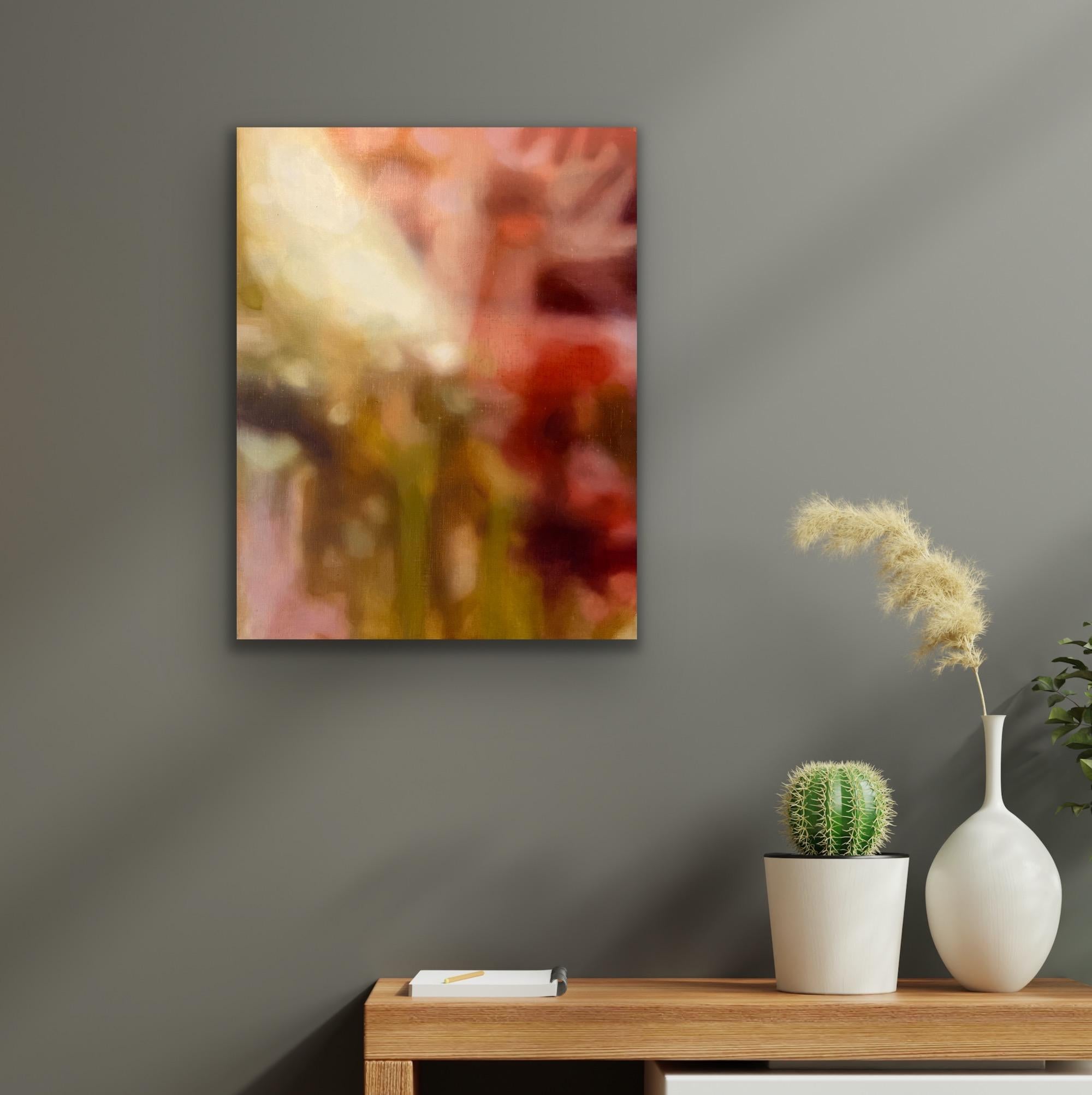 Paesaggio astratto gestuale moderno Olio su lino Rosso e rosa in vendita 2