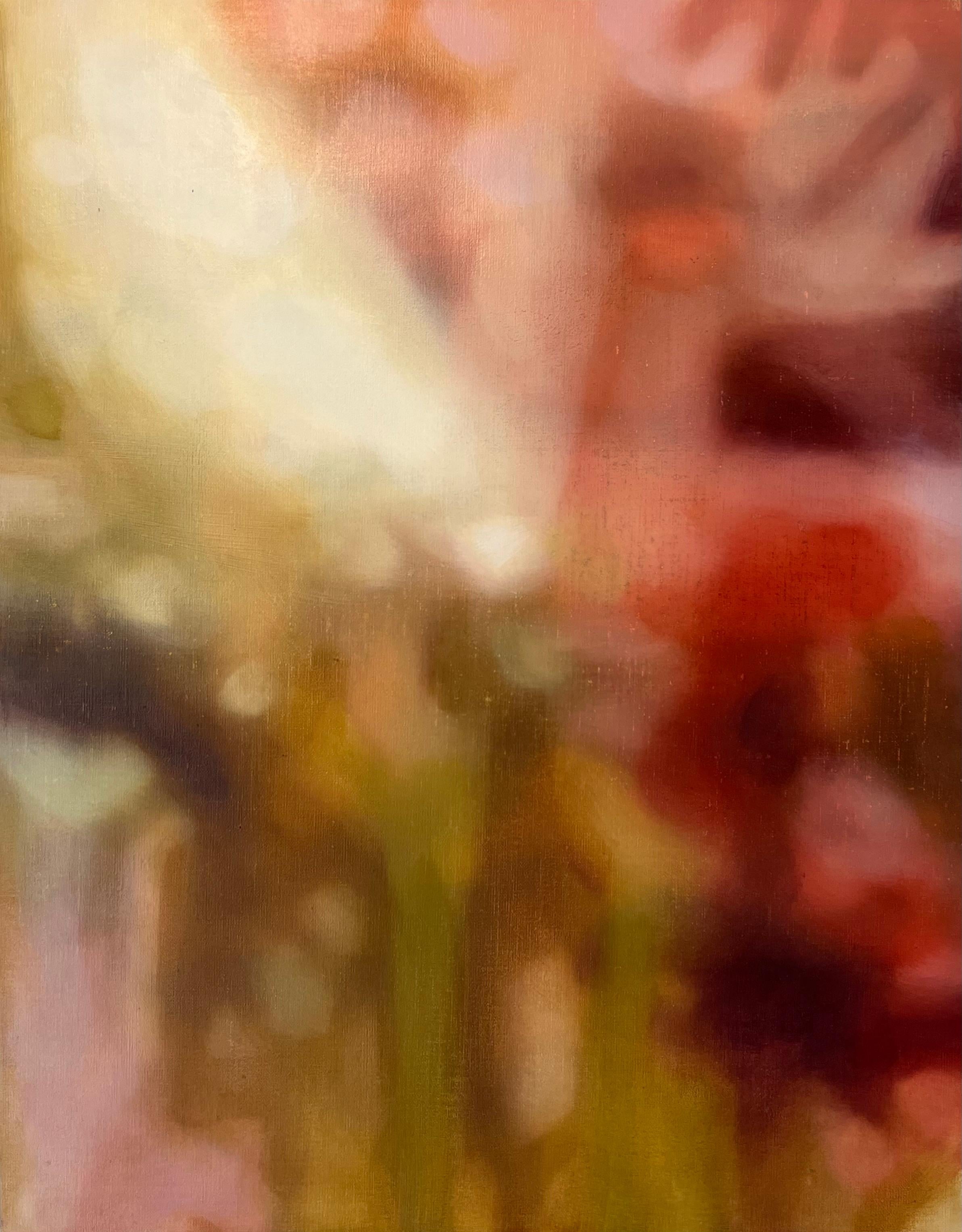 Moderne gestische abstrakte Landschaft, Öl auf Leinen, Rot & Rosa 