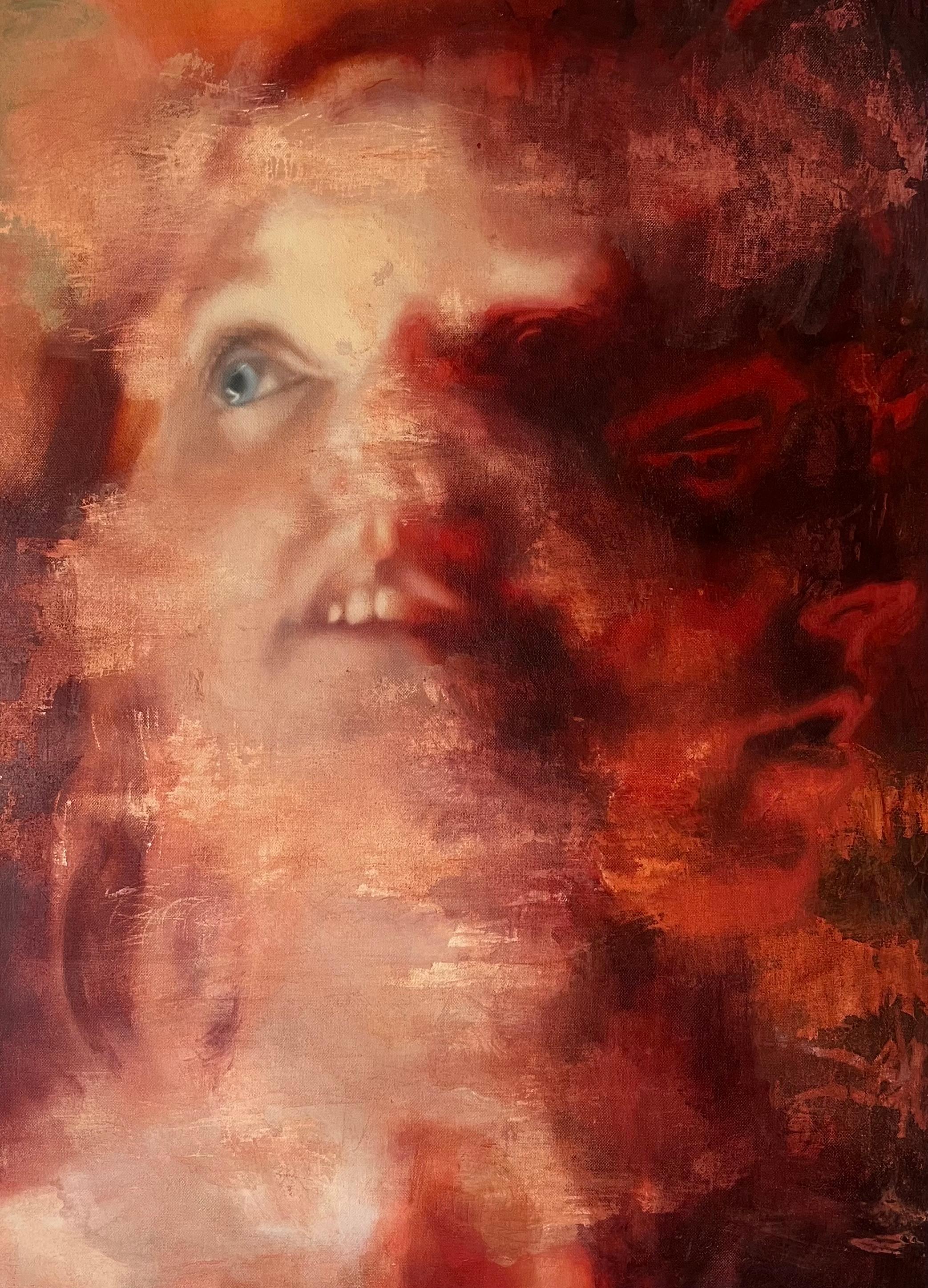 Modernes abstraktes, figuratives, gestisches Porträt, Öl auf Leinwand, Rot-Rosa 